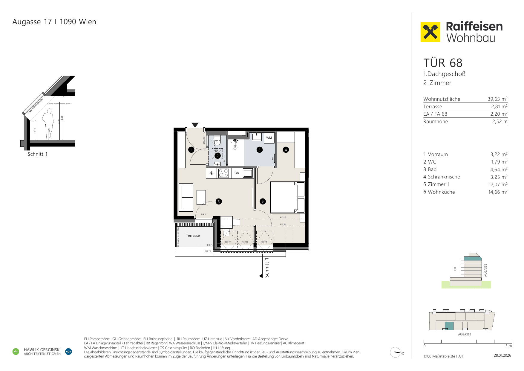 Grundriss Top 68 — Augasse 17 — 2 Zimmer — 39,6 m² — 1st attic floor