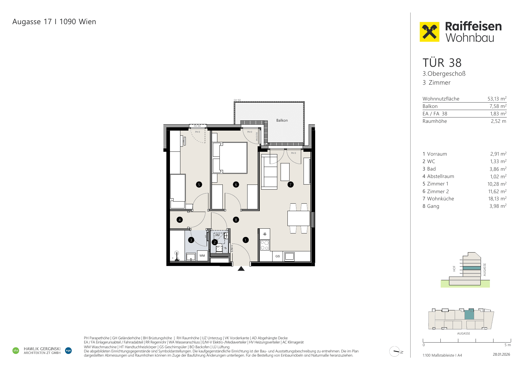 Grundriss Top 38 — Augasse 17 — 3 Zimmer — 53,1 m² — 3rd floor