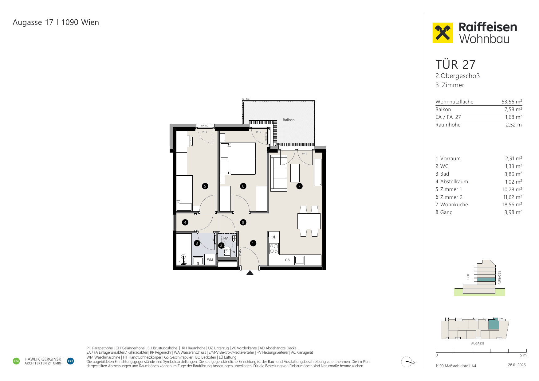 Grundriss Top 27 — Augasse 17 — 3 Zimmer — 53,6 m² — 2nd floor