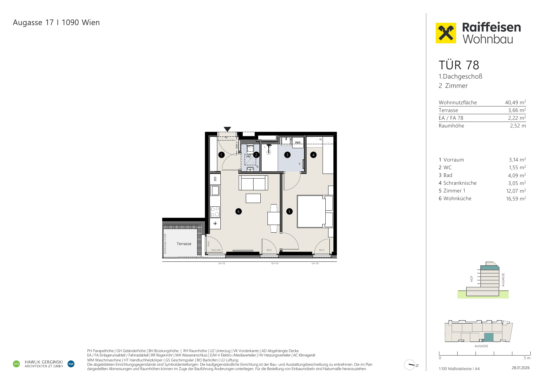 Grundriss Top 78 — Augasse 17 — 2 Zimmer — 40,5 m² — 1st attic floor