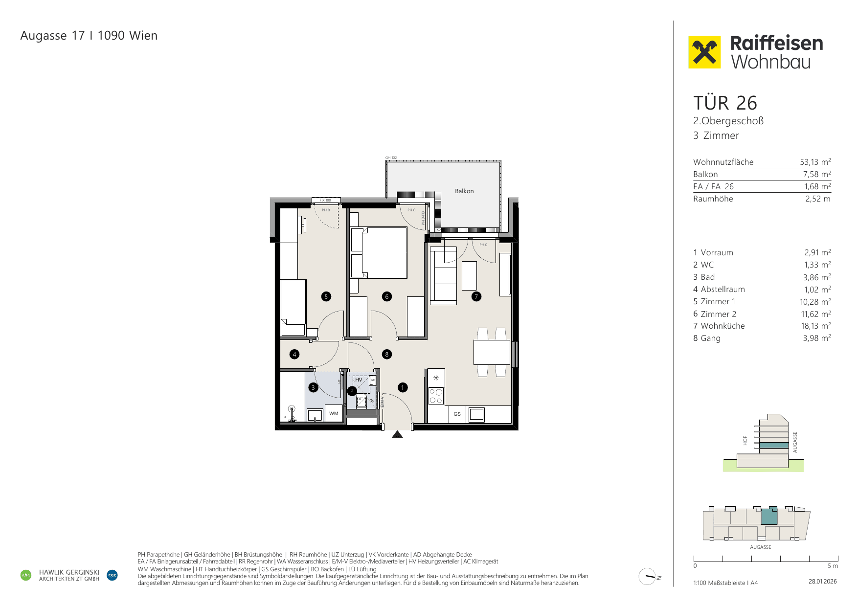 Grundriss Top 26 — Augasse 17 — 3 Zimmer — 53,1 m² — 2nd floor