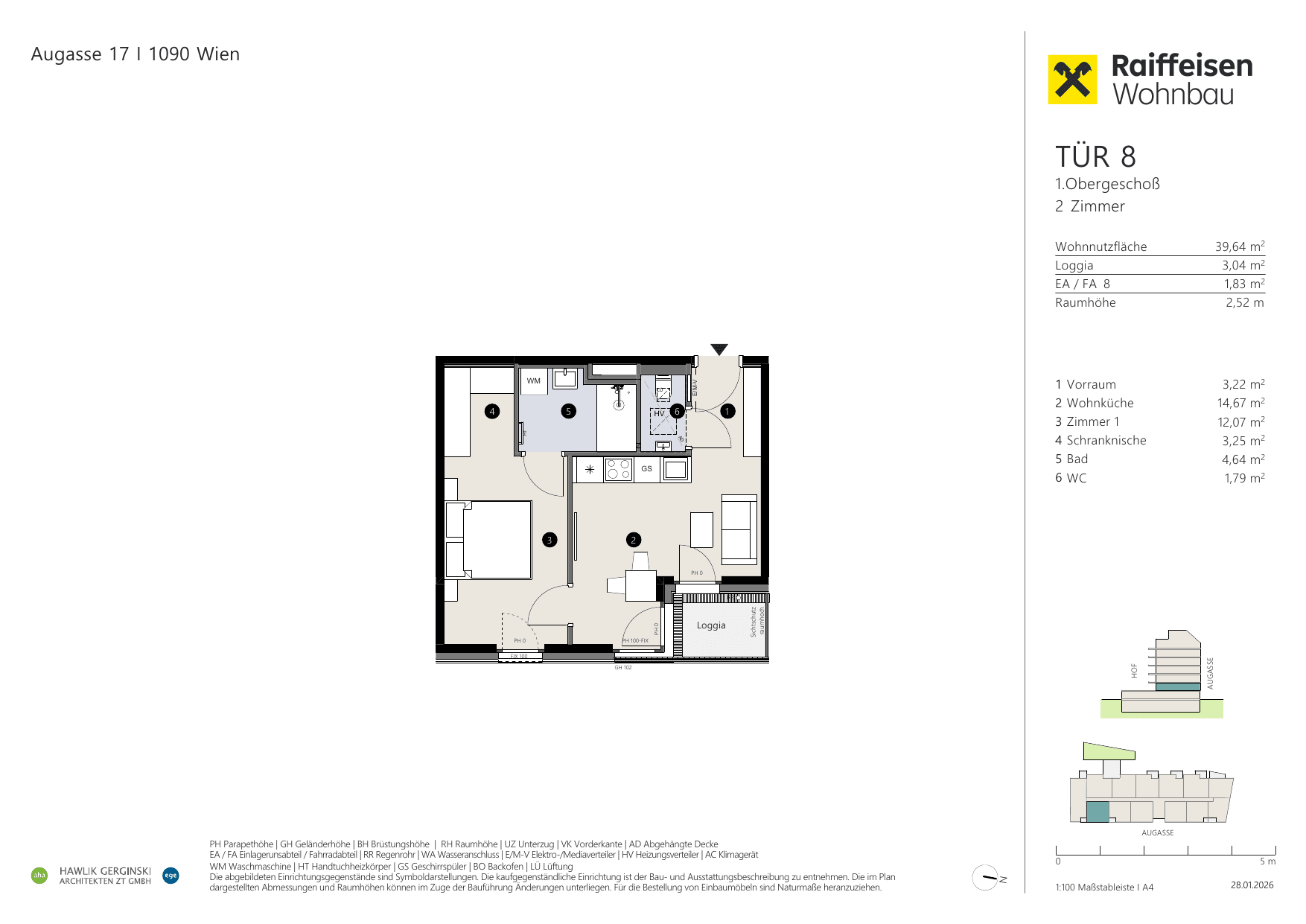 Grundriss Top 08 — Augasse 17 — 2 Zimmer — 39,6 m² — 1st floor