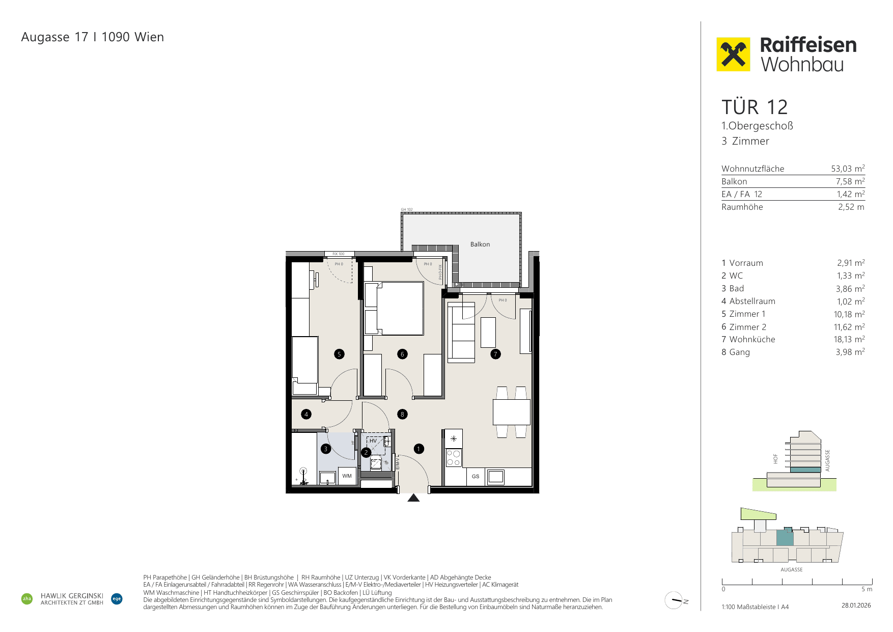Grundriss Top 12 — Augasse 17 — 3 Zimmer — 53 m² — 1st floor