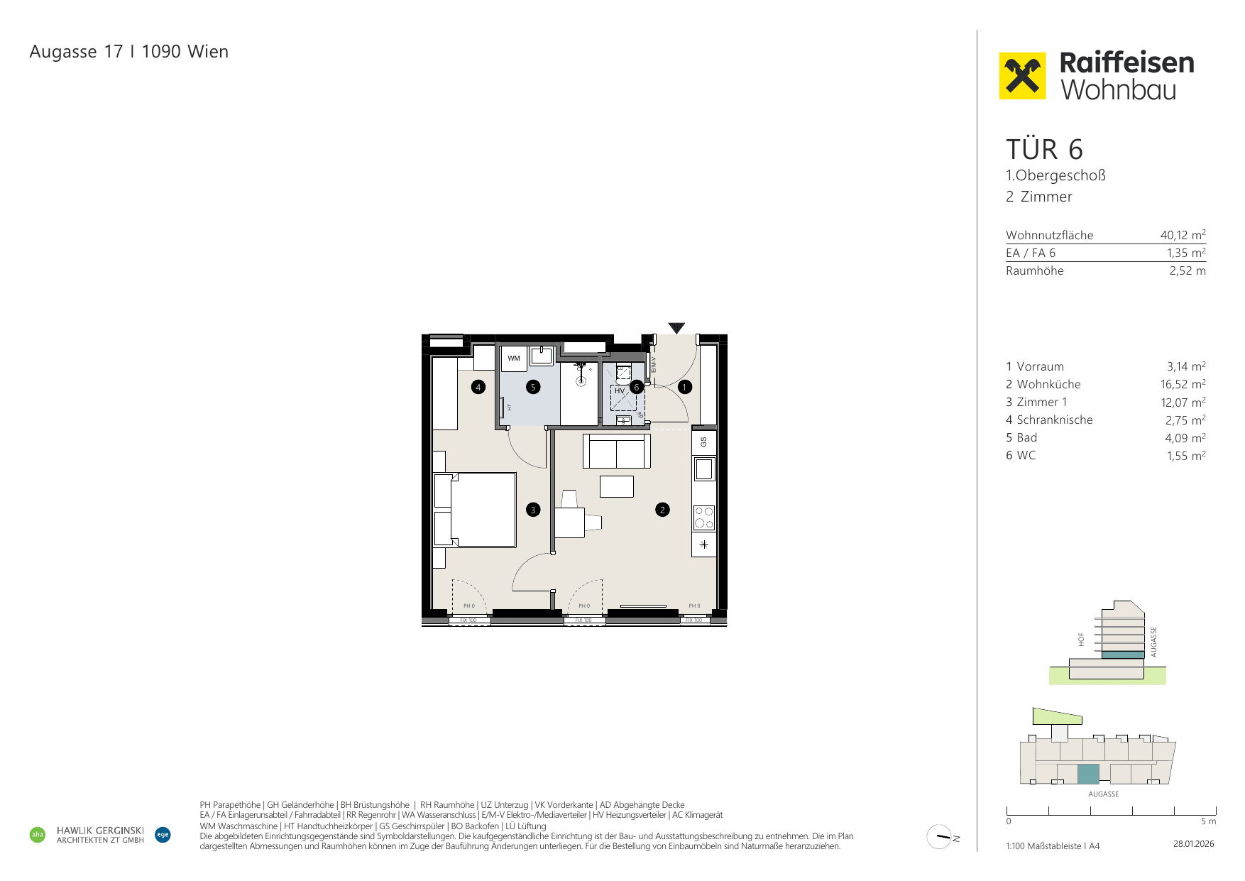 Grundriss Top 06 — Augasse 17 — 2 Zimmer — 40,1 m² — 1st floor