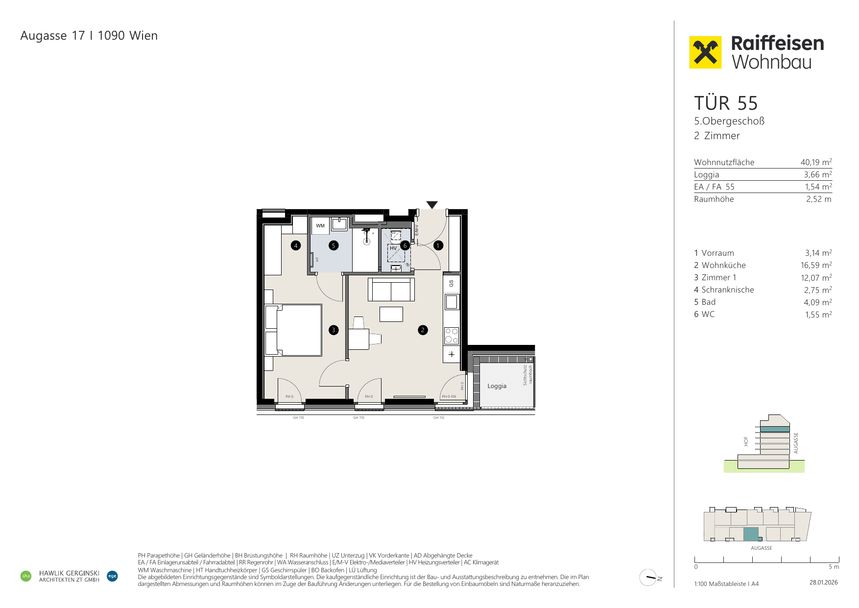 Grundriss Top 55 — Augasse 17 — 2 Zimmer — 40,2 m² — 5th floor