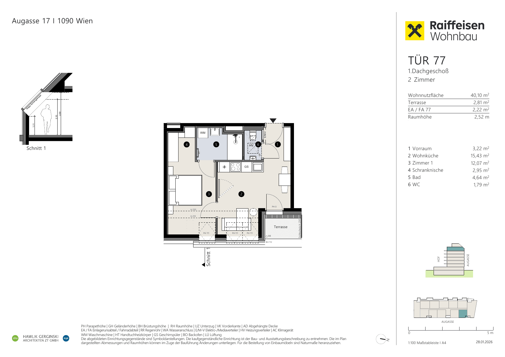 Grundriss Top 77 — Augasse 17 — 2 Zimmer — 40,1 m² — 1st attic floor