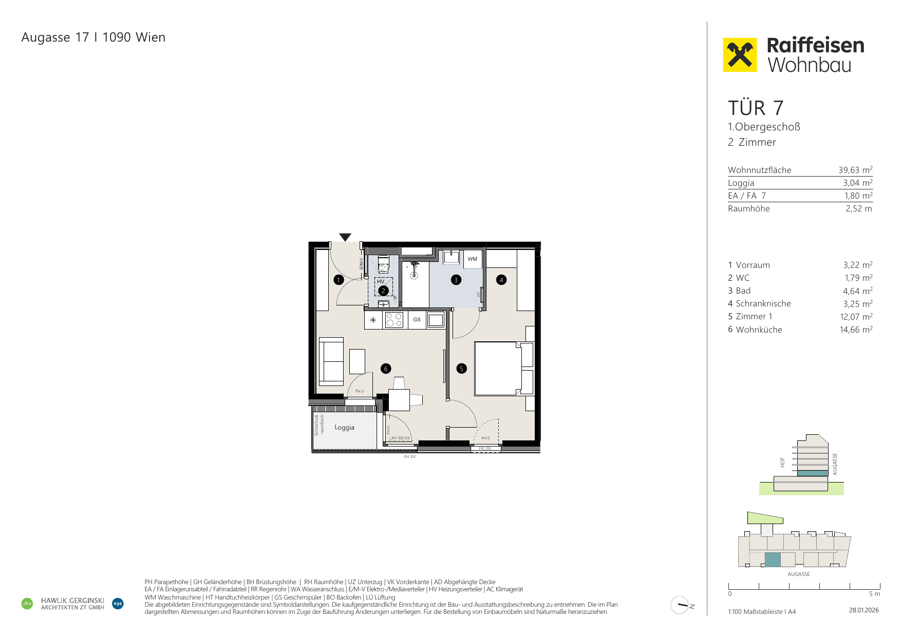 Grundriss Top 07 — Augasse 17 — 2 Zimmer — 39,6 m² — 1st floor