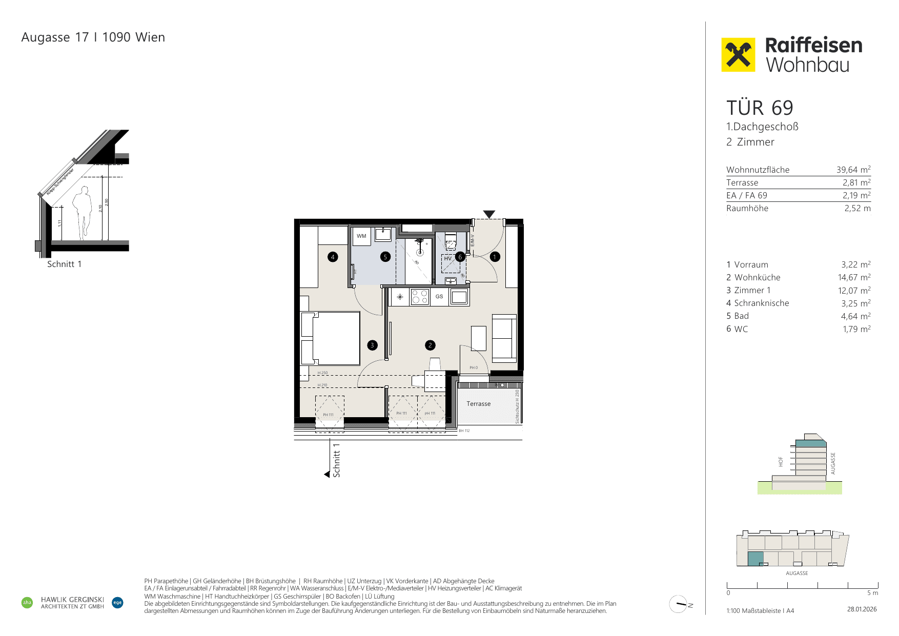 Grundriss Top 69 — Augasse 17 — 2 Zimmer — 39,6 m² — 1st attic floor