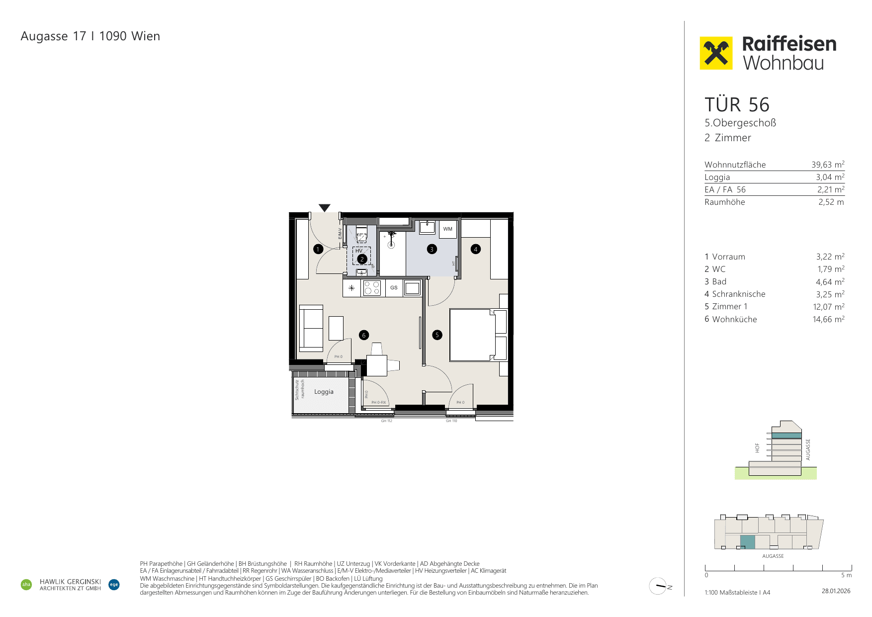 Grundriss Top 56 — Augasse 17 — 2 Zimmer — 39,6 m² — 5th floor