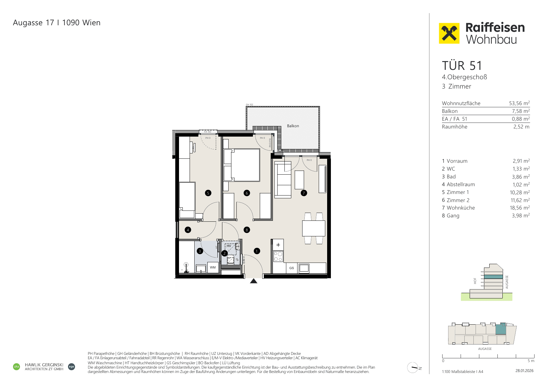 Grundriss Top 51 — Augasse 17 — 3 Zimmer — 53,6 m² — 4th floor