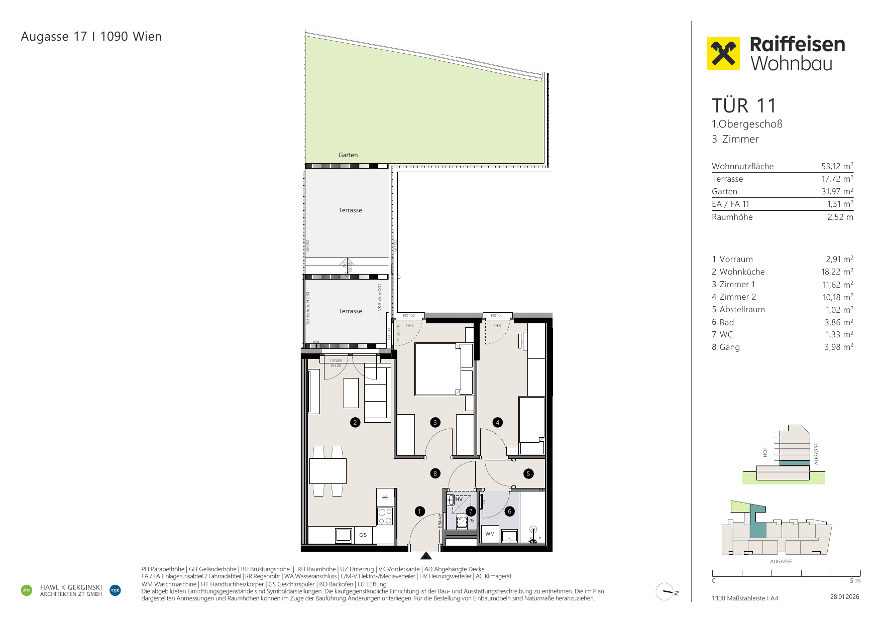 Grundriss Top 11 — Augasse 17 — 3 Zimmer — 53,1 m² — 1st floor