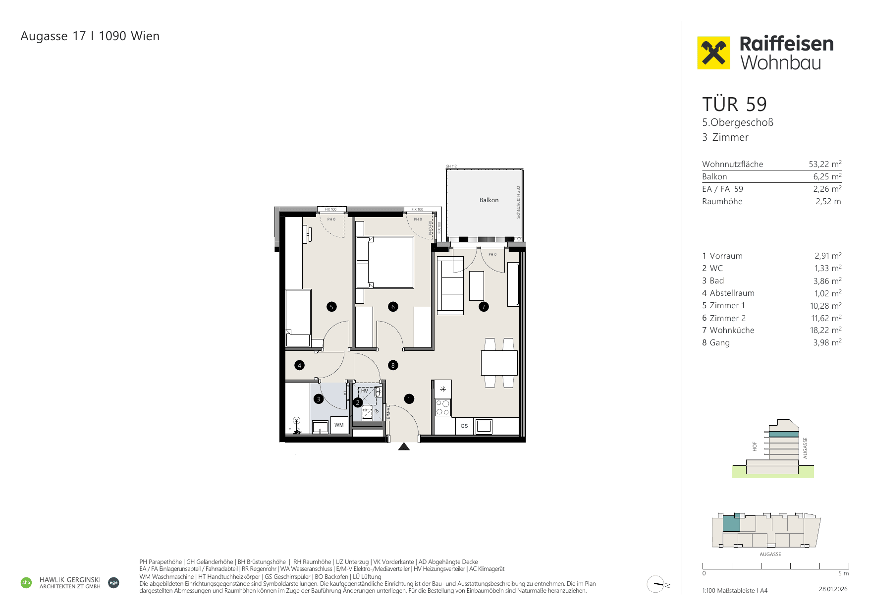 Grundriss Top 59 — Augasse 17 — 3 Zimmer — 53,2 m² — 5th floor
