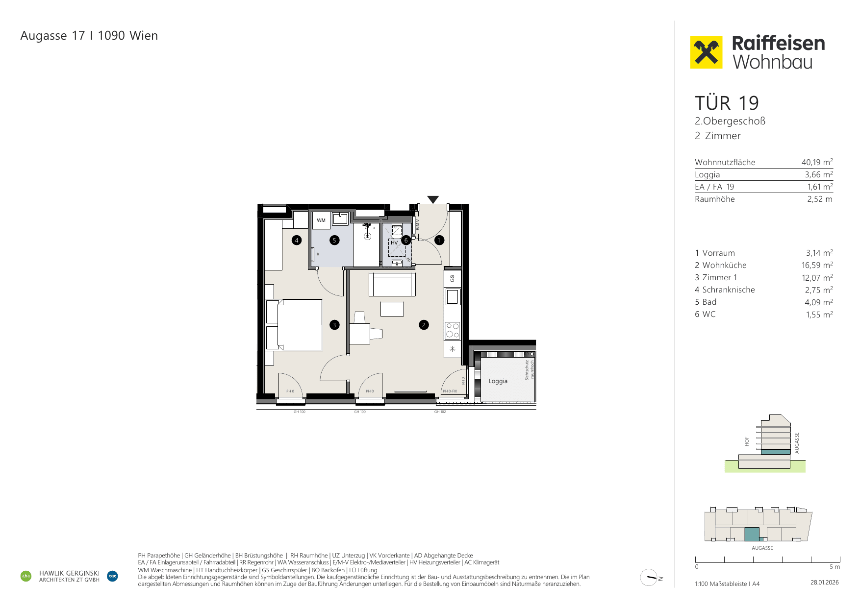 Grundriss Top 19 — Augasse 17 — 2 Zimmer — 40,2 m² — 2nd floor