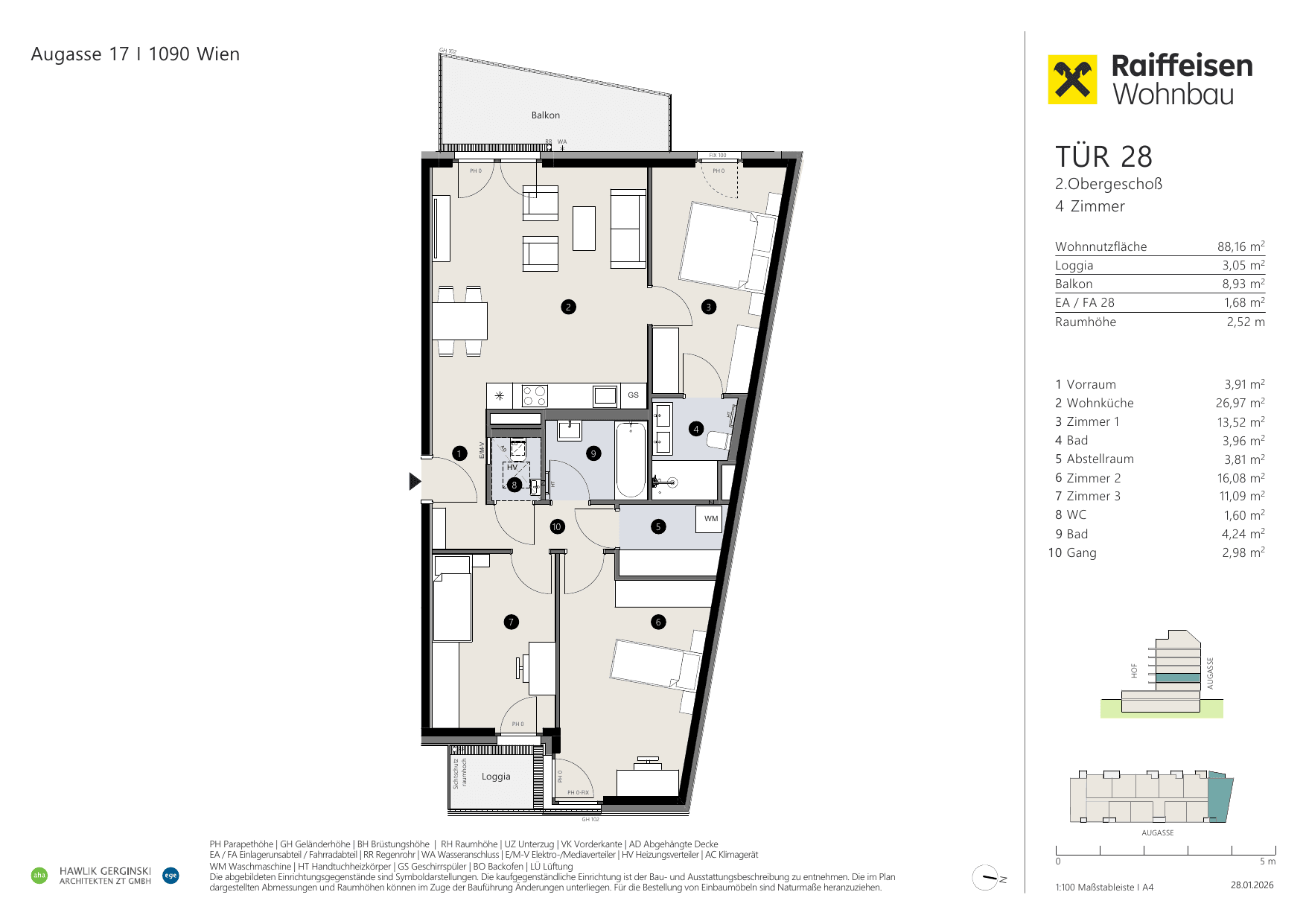 Grundriss Top 28 — Augasse 17 — 4 Zimmer — 88,2 m² — 2nd floor