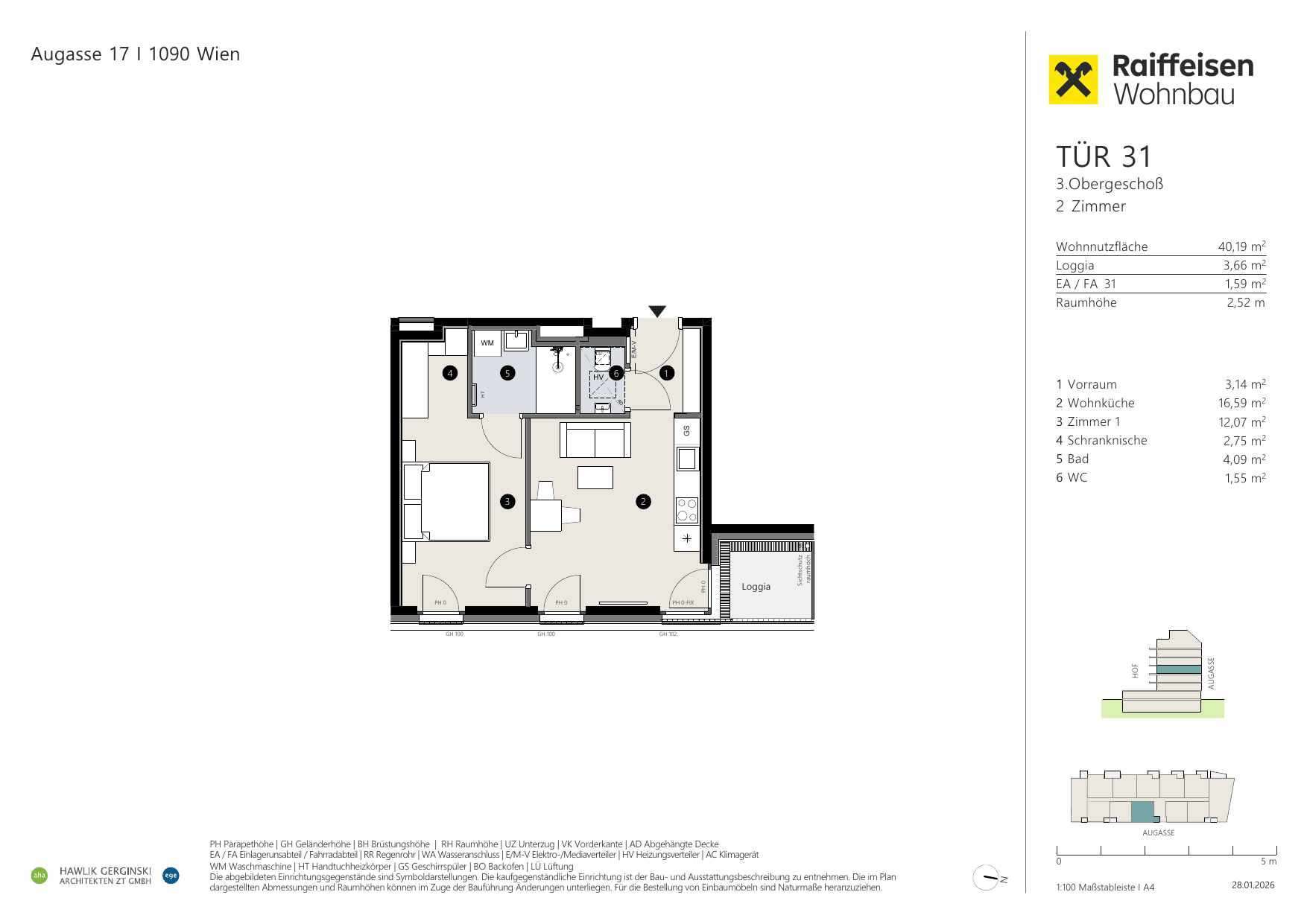 Grundriss Top 31 — Augasse 17 — 2 Zimmer — 40,2 m² — 3rd floor