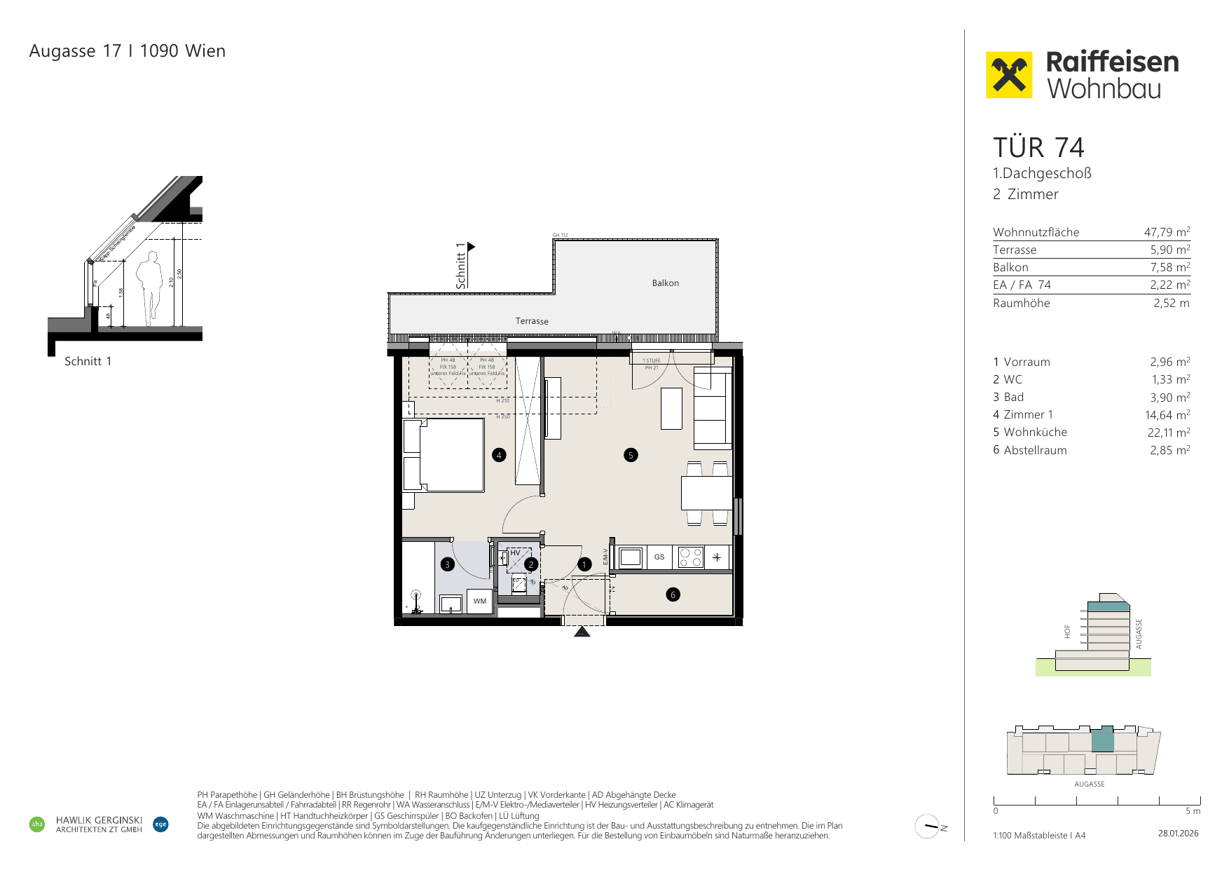 Grundriss Top 74 — Augasse 17 — 2 Zimmer — 47,8 m² — 1st attic floor