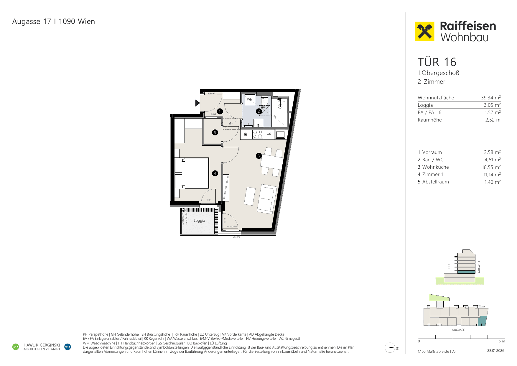 Grundriss Top 16 — Augasse 17 — 2 Zimmer — 39,3 m² — 1st floor