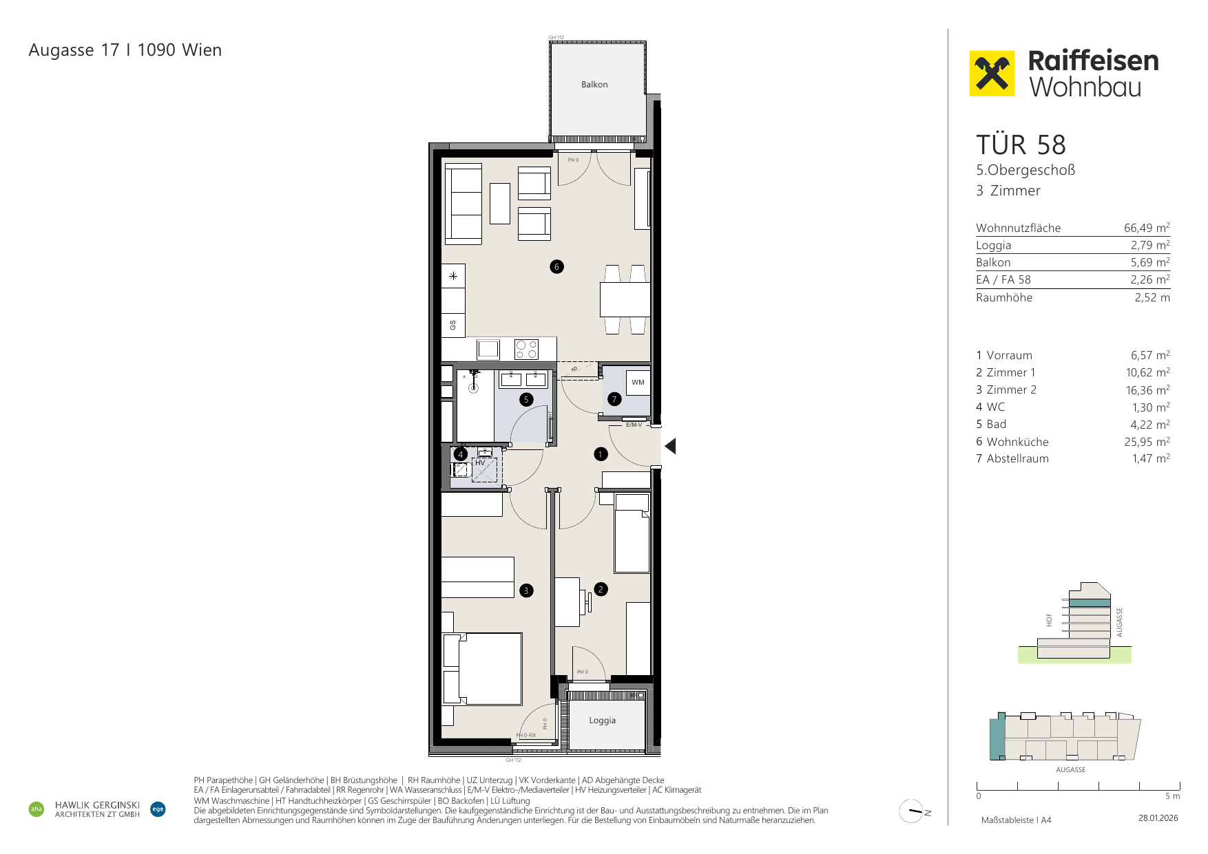 Grundriss Top 58 — Augasse 17 — 3 Zimmer — 66,5 m² — 5th floor