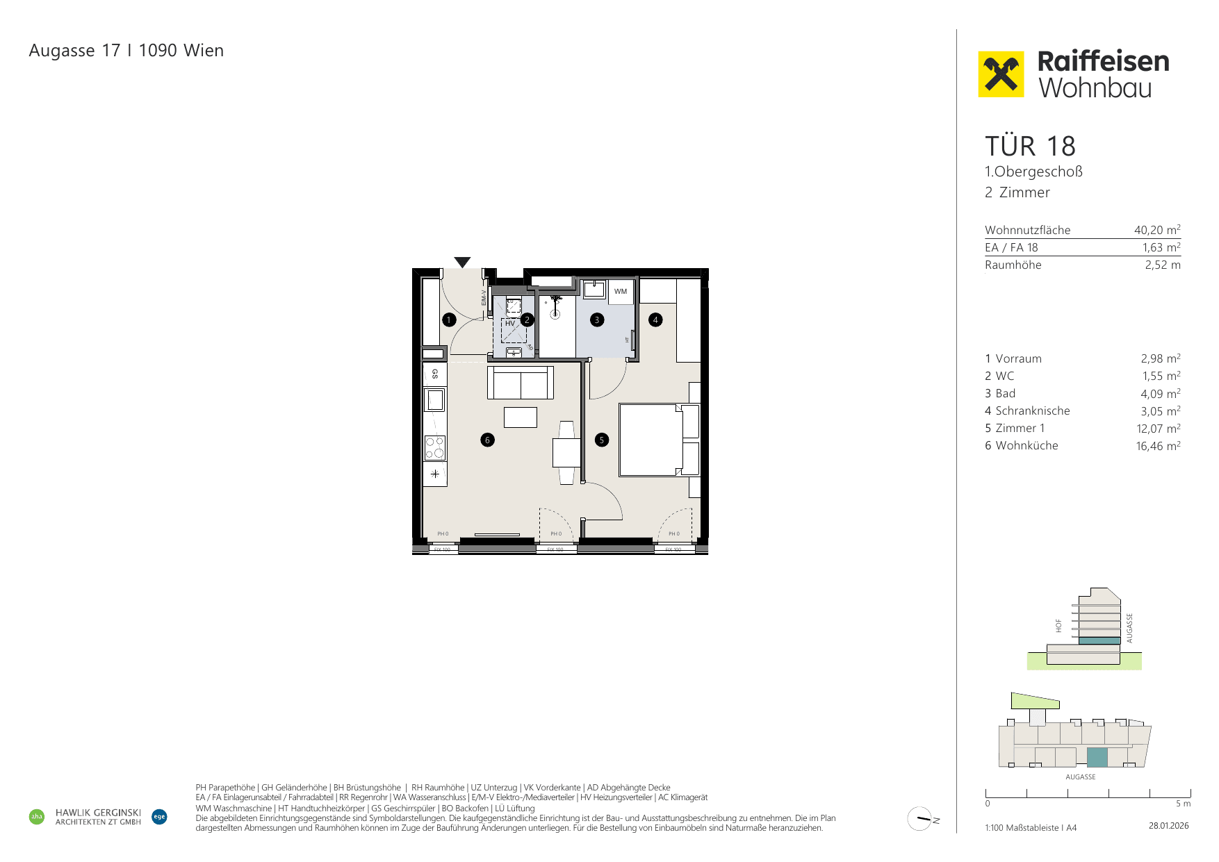 Grundriss Top 18 — Augasse 17 — 2 Zimmer — 40,2 m² — 1st floor