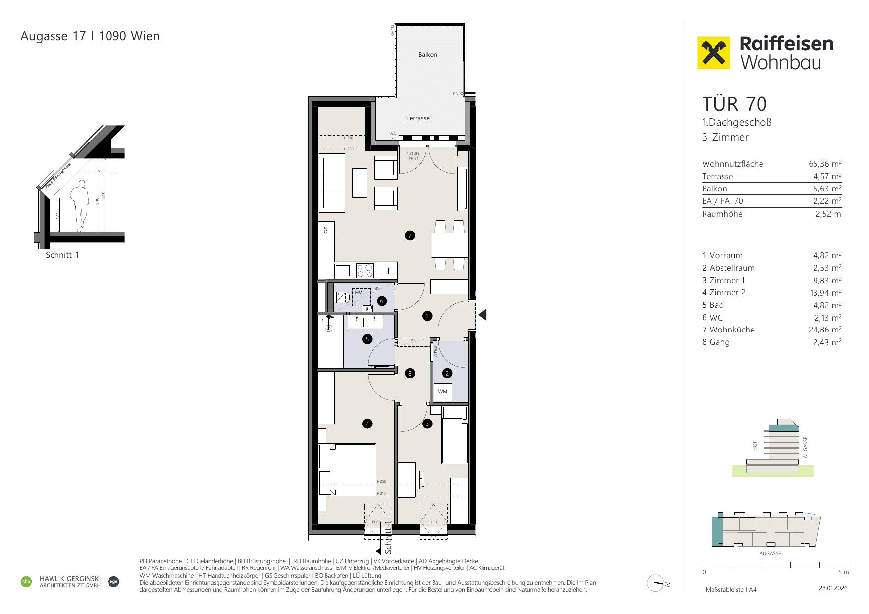 Grundriss Top 70 — Augasse 17 — 3 Zimmer — 65,4 m² — 1st attic floor