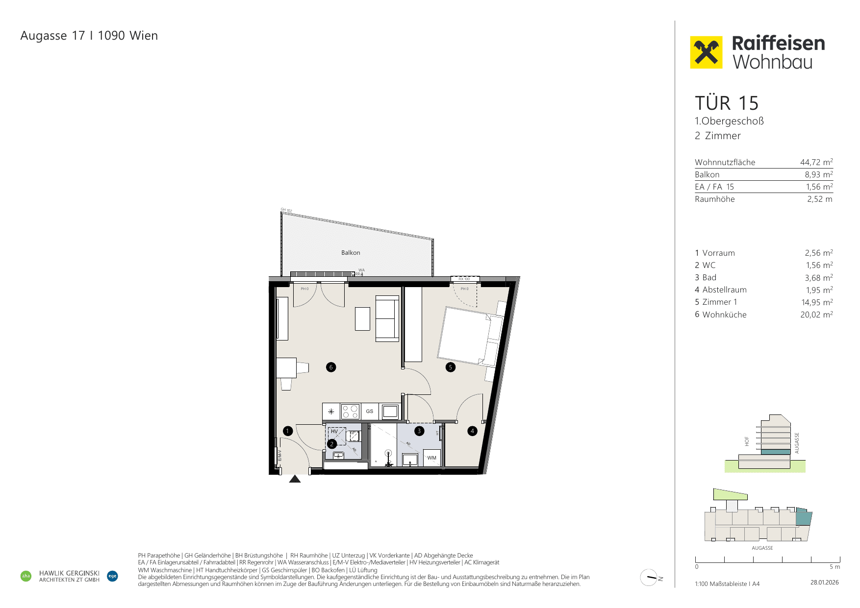 Grundriss Top 15 — Augasse 17 — 2 Zimmer — 44,7 m² — 1st floor