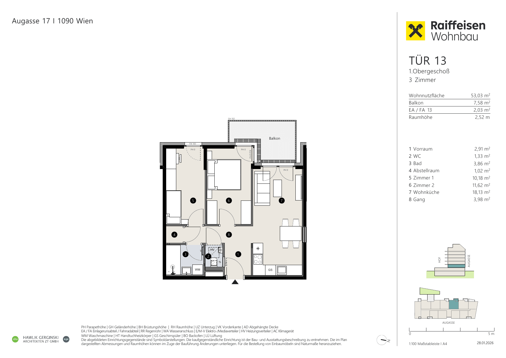 Grundriss Top 13 — Augasse 17 — 3 Zimmer — 53 m² — 1st floor