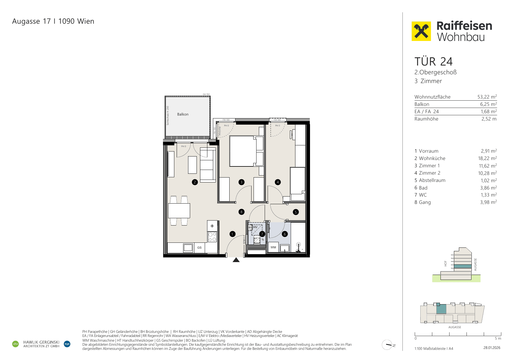 Grundriss Top 24 — Augasse 17 — 3 Zimmer — 53,2 m² — 2nd floor