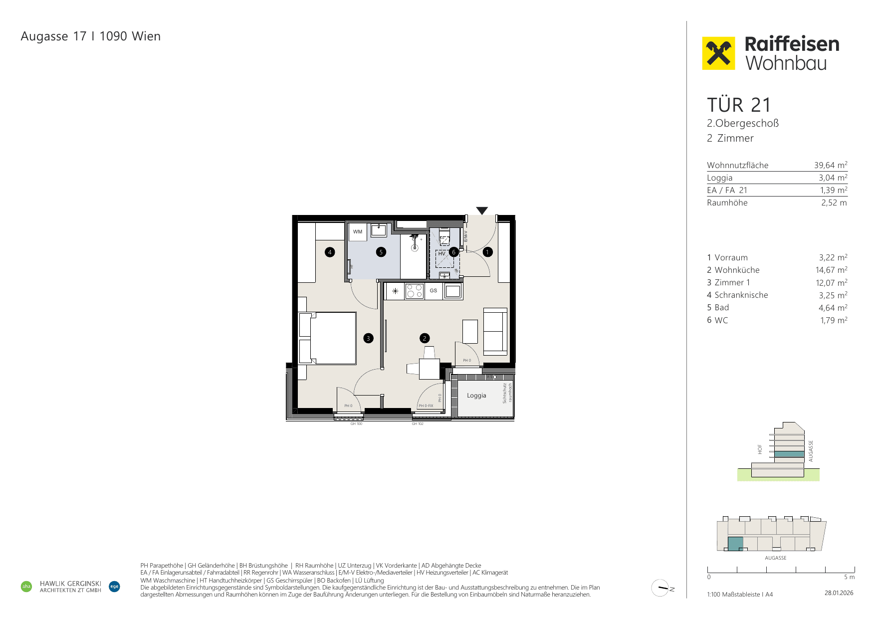 Grundriss Top 21 — Augasse 17 — 2 Zimmer — 39,6 m² — 2nd floor