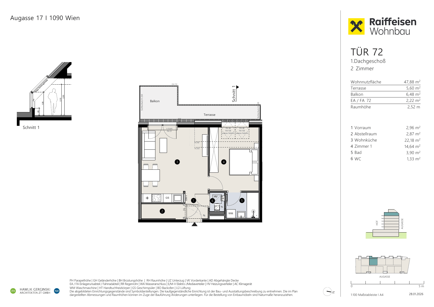 Grundriss Top 72 — Augasse 17 — 2 Zimmer — 47,9 m² — 1st attic floor