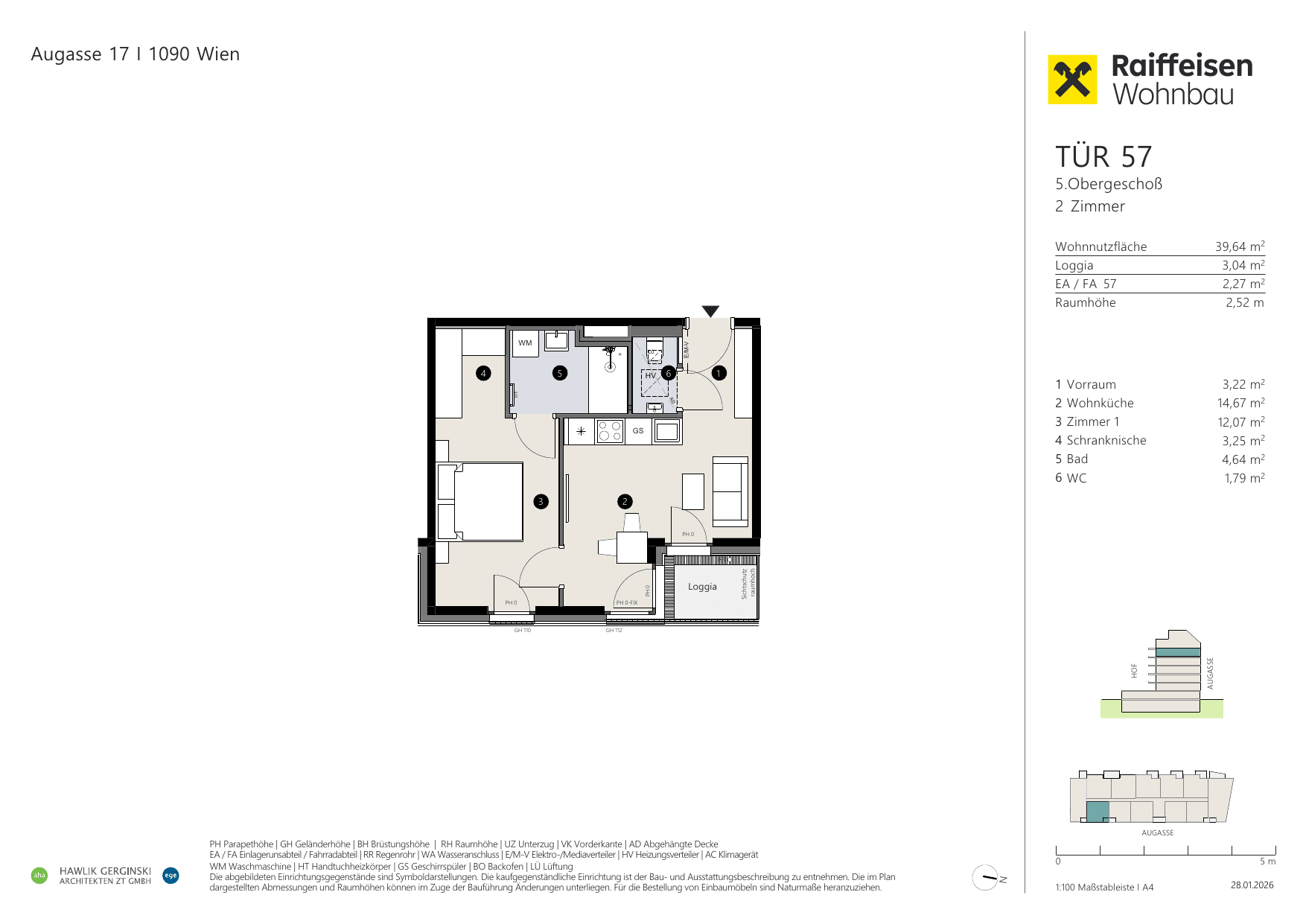 Grundriss Top 57 — Augasse 17 — 2 Zimmer — 39,6 m² — 5th floor