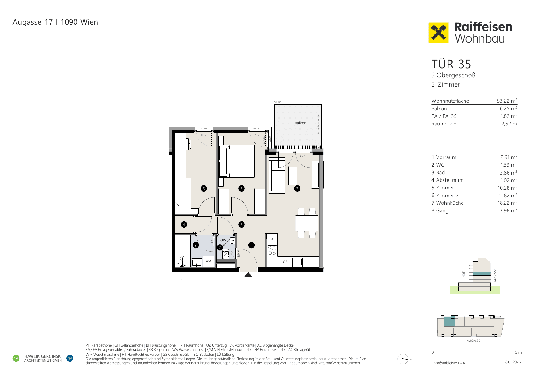 Grundriss Top 35 — Augasse 17 — 3 Zimmer — 53,2 m² — 3rd floor