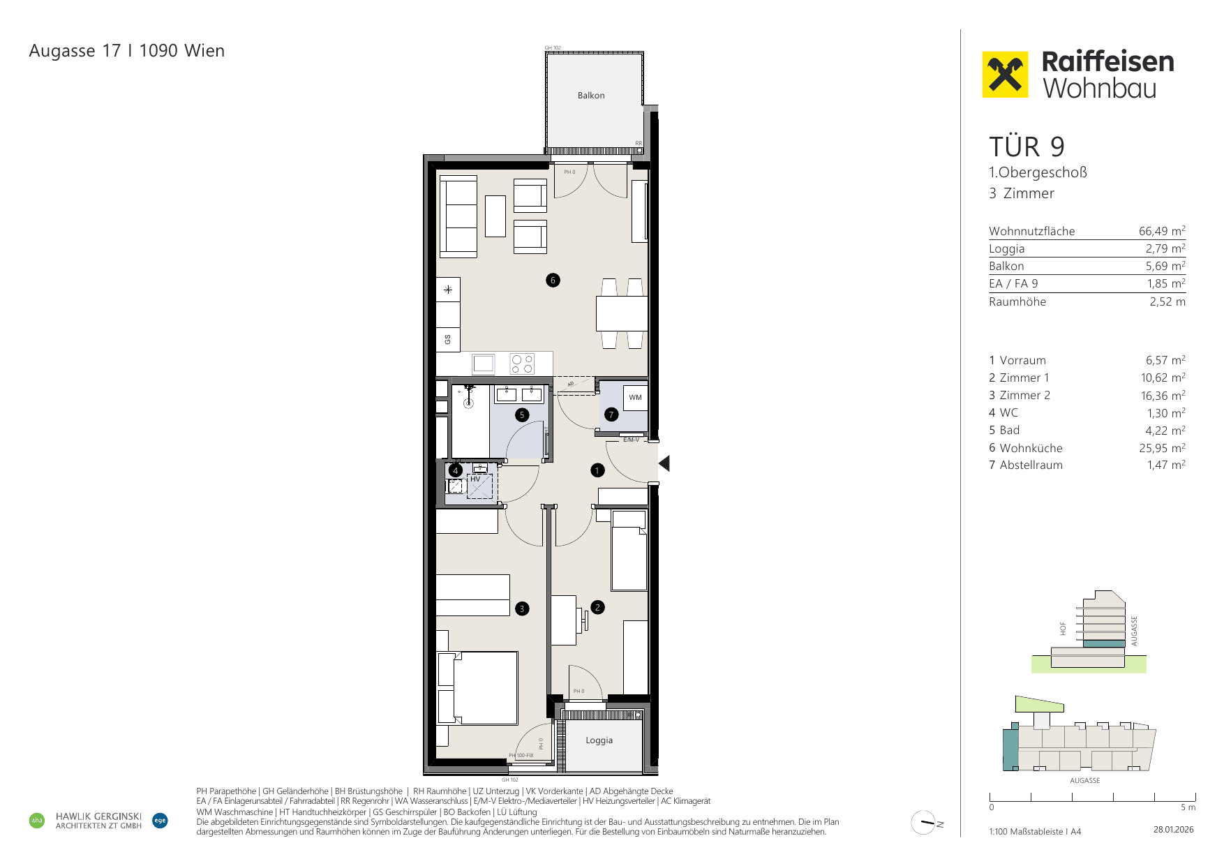 Grundriss Top 09 — Augasse 17 — 3 Zimmer — 66,5 m² — 1st floor