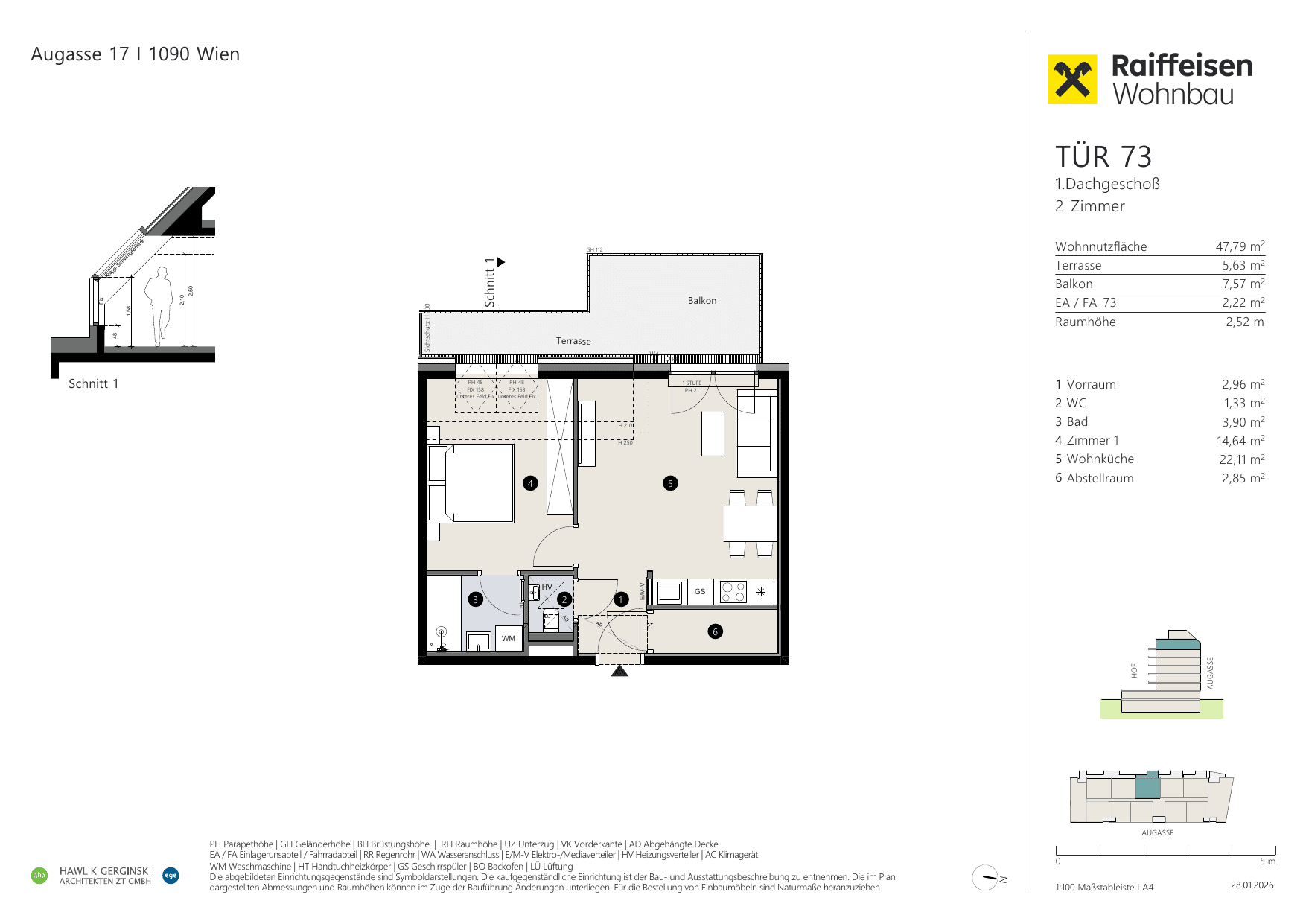 Grundriss Top 73 — Augasse 17 — 2 Zimmer — 47,8 m² — 1st attic floor