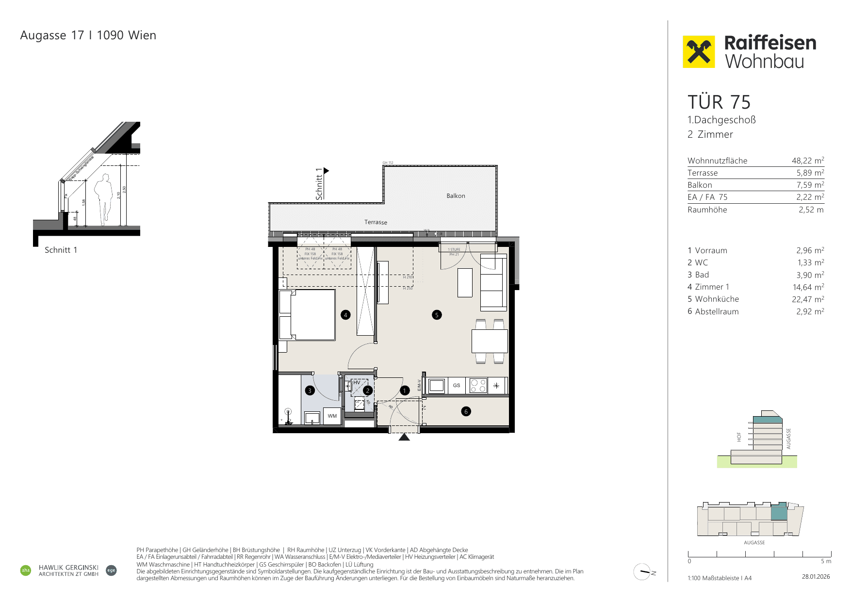 Grundriss Top 75 — Augasse 17 — 2 Zimmer — 48,2 m² — 1st attic floor