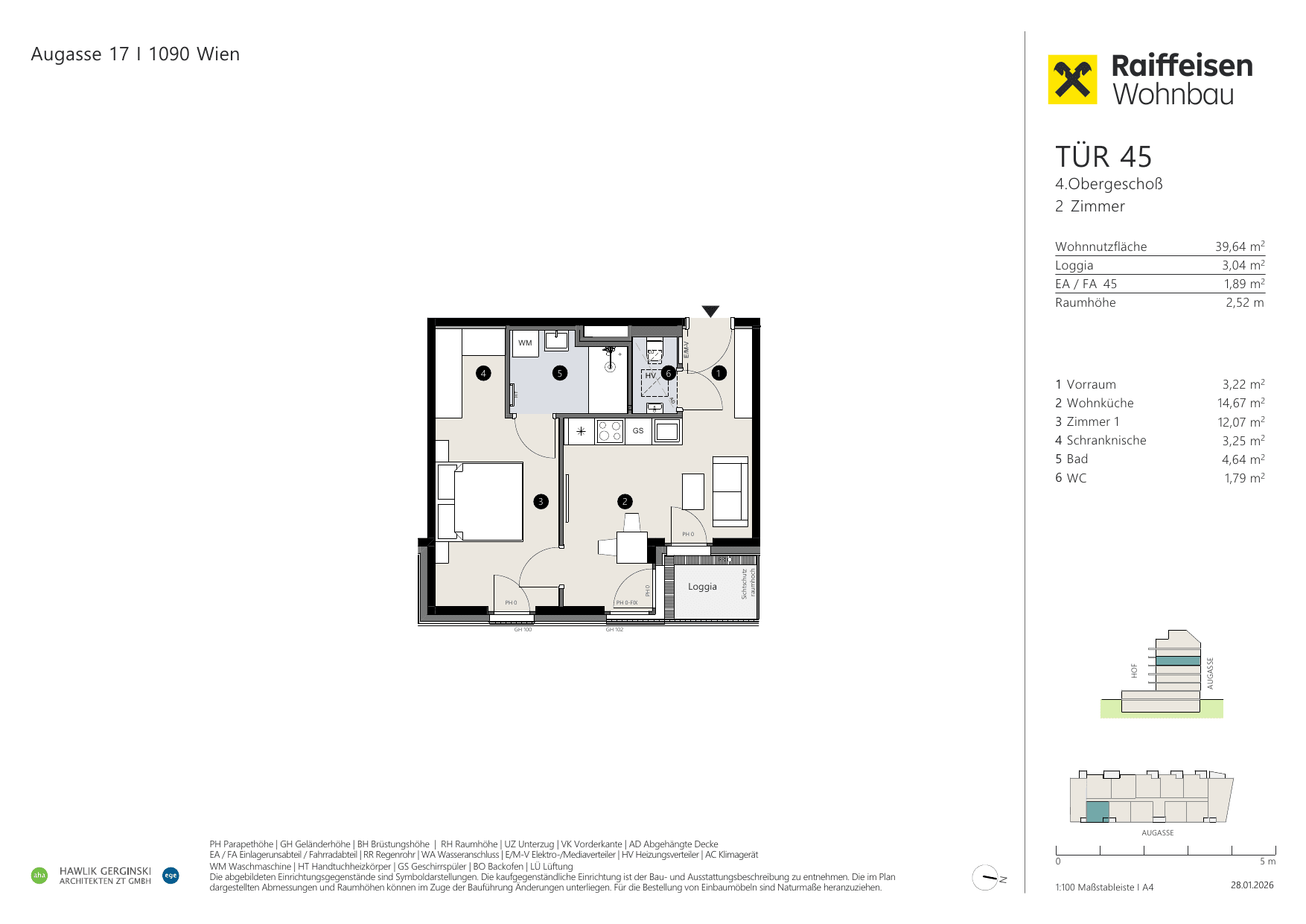Grundriss Top 45 — Augasse 17 — 2 Zimmer — 39,6 m² — 4th floor