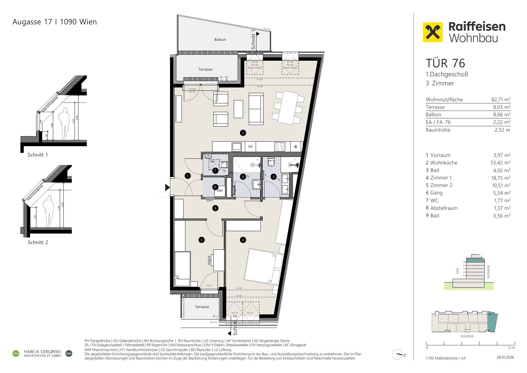 Grundriss Top 76 — Augasse 17 — 3 Zimmer — 82,7 m² — 1st attic floor