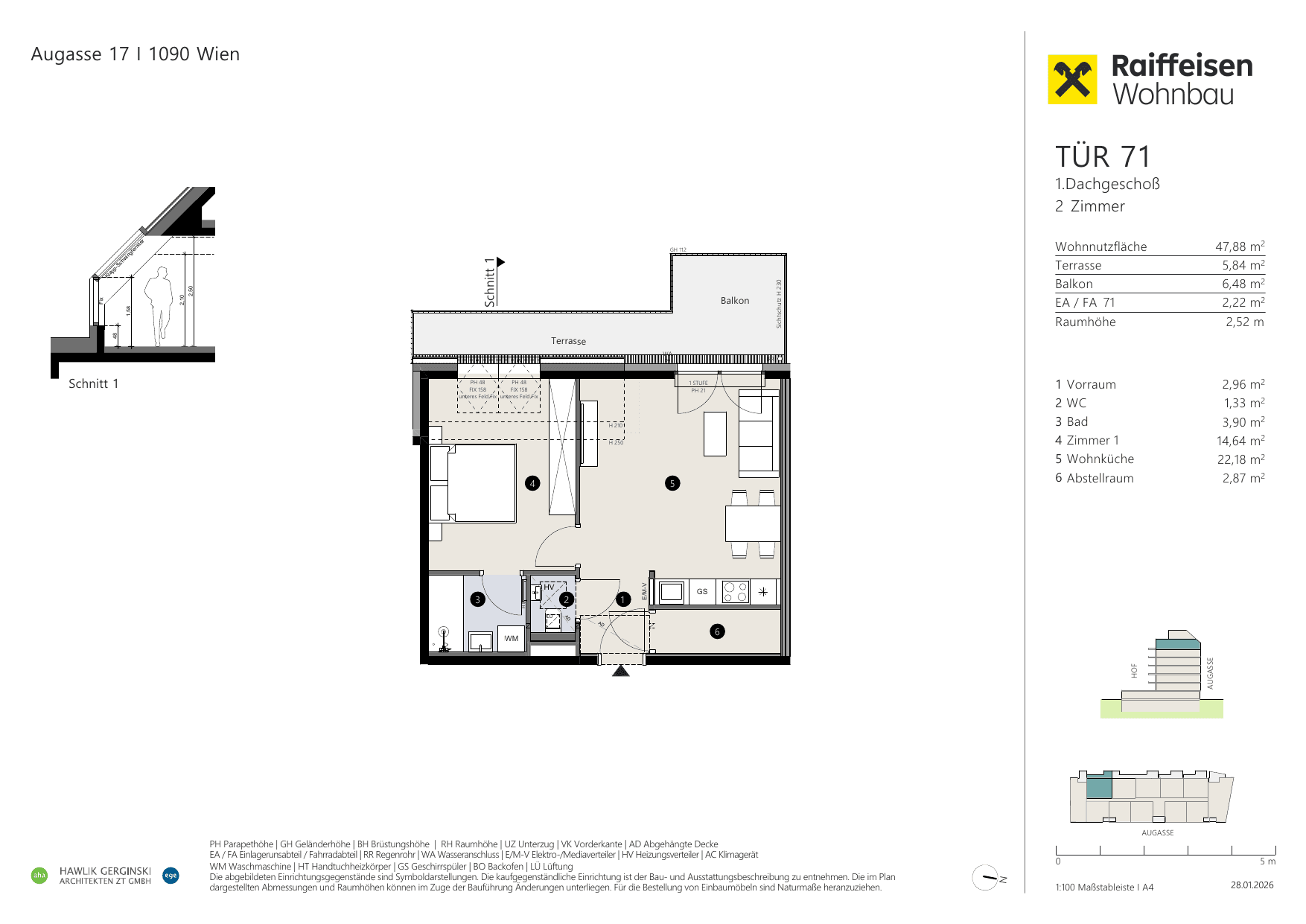 Grundriss Top 71 — Augasse 17 — 2 Zimmer — 47,9 m² — 1st attic floor