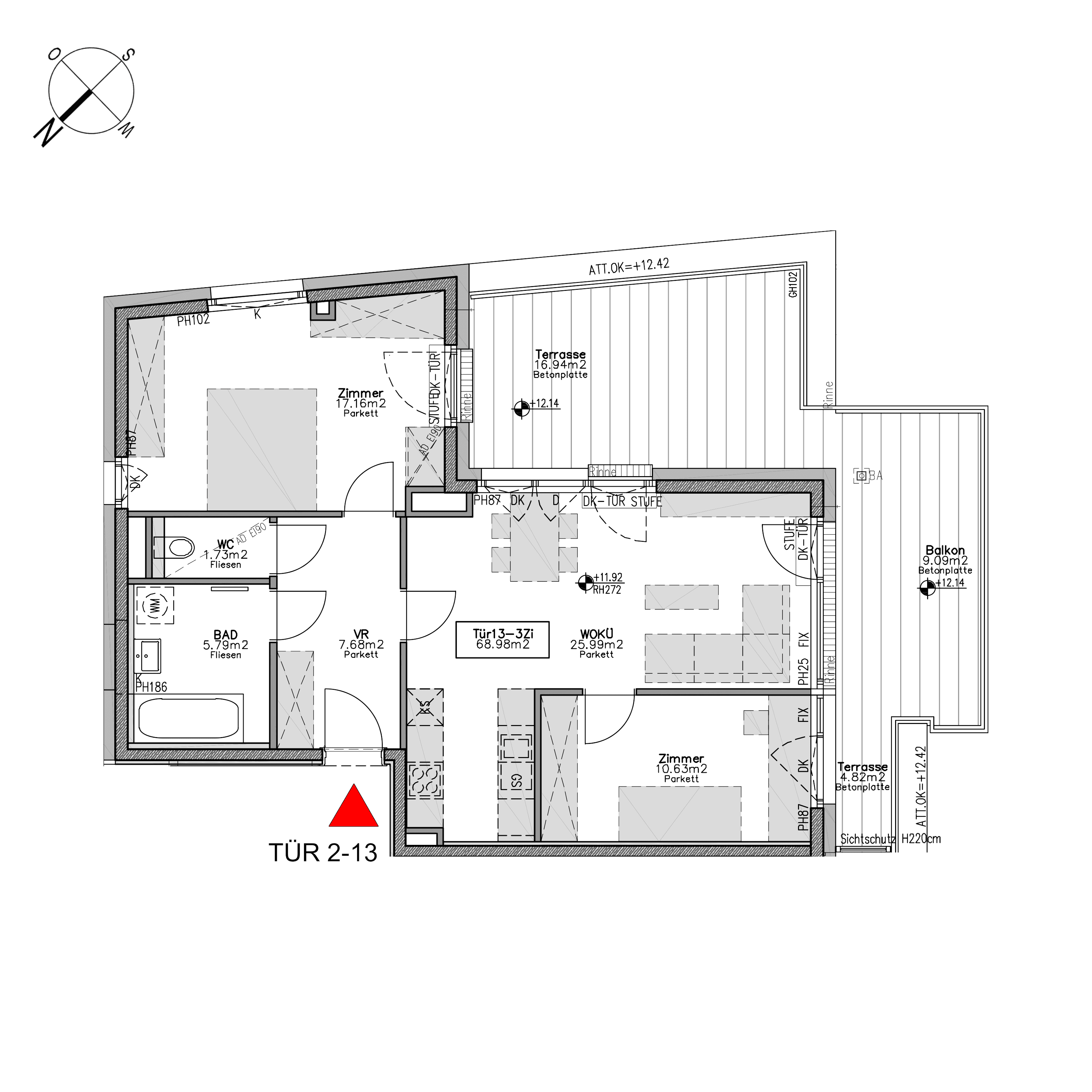 Grundriss TOP 2.13 — Beverly Hietzing — 3 Zimmer — 69 m² — Attic floor