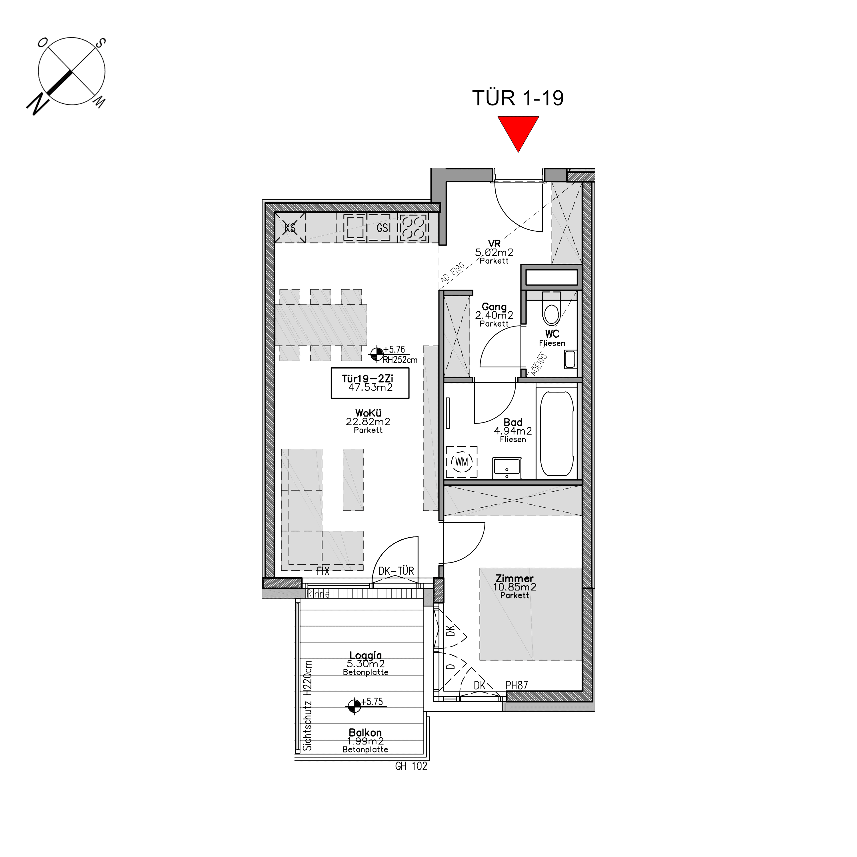 Grundriss TOP 1.19 — Beverly Hietzing — 2 Zimmer — 52,8 m² — 1st floor