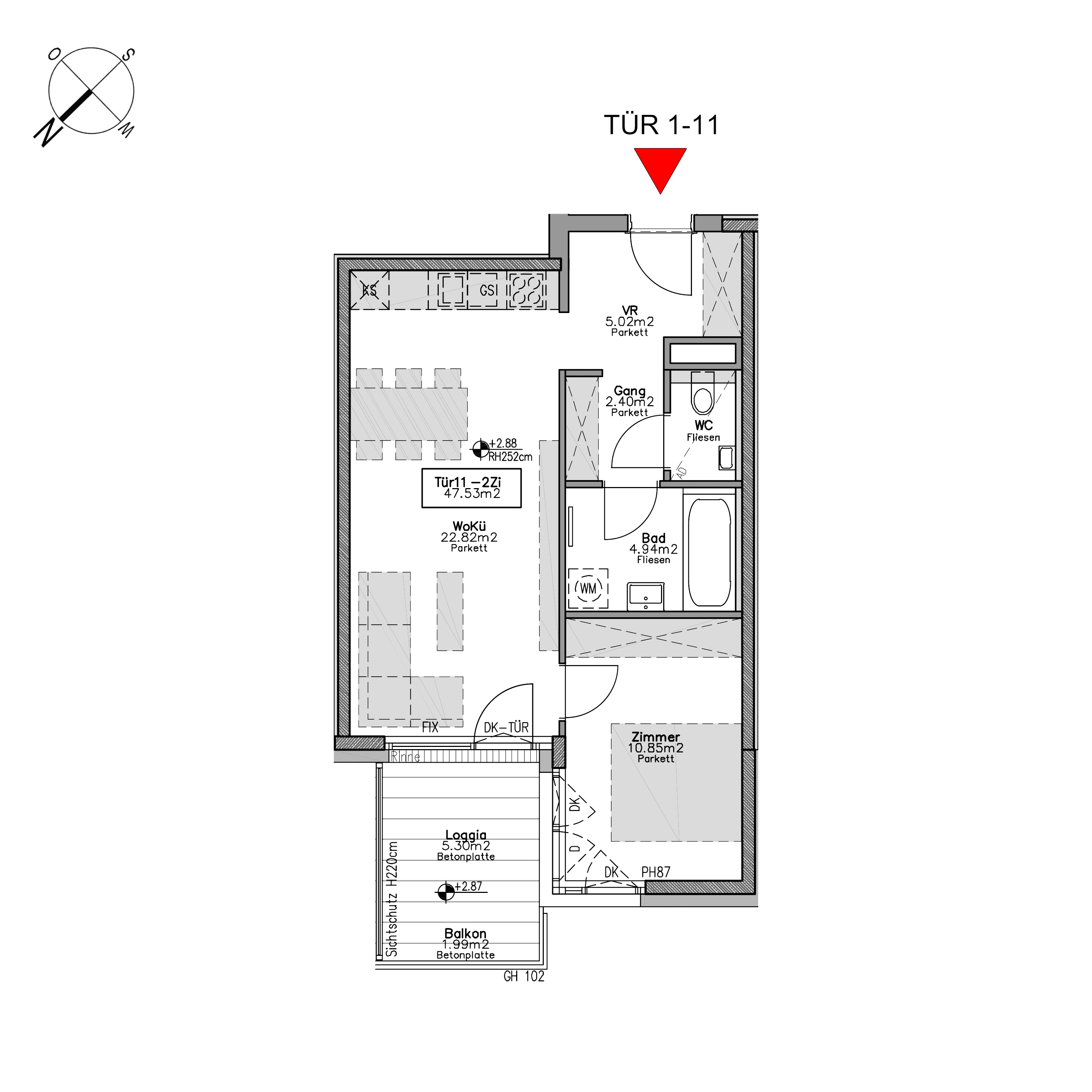 Grundriss TOP 1.11 — Beverly Hietzing — 2 Zimmer — 52,8 m² — Ground floor