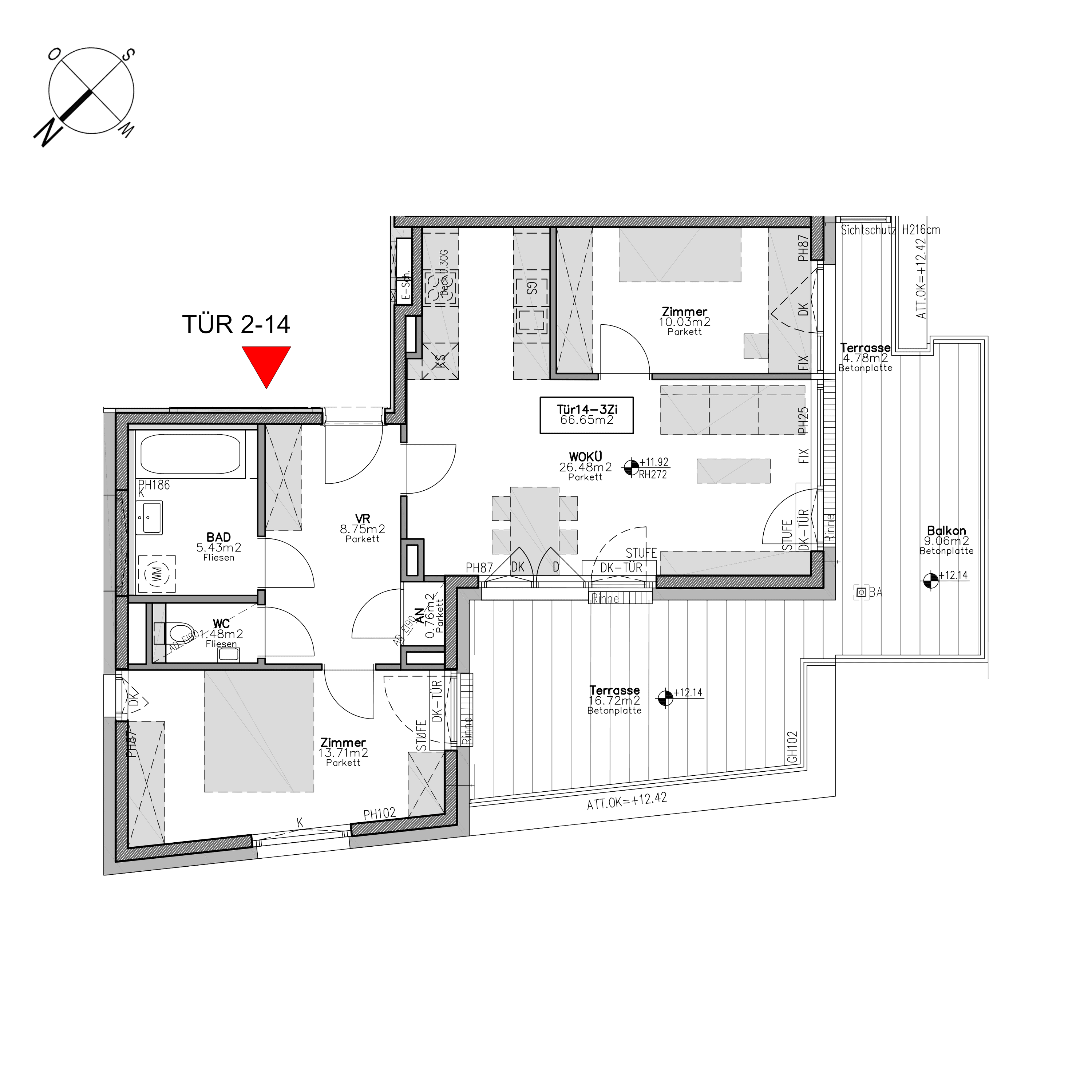 Grundriss TOP 2.14 — Beverly Hietzing — 3 Zimmer — 66,9 m² — Attic floor