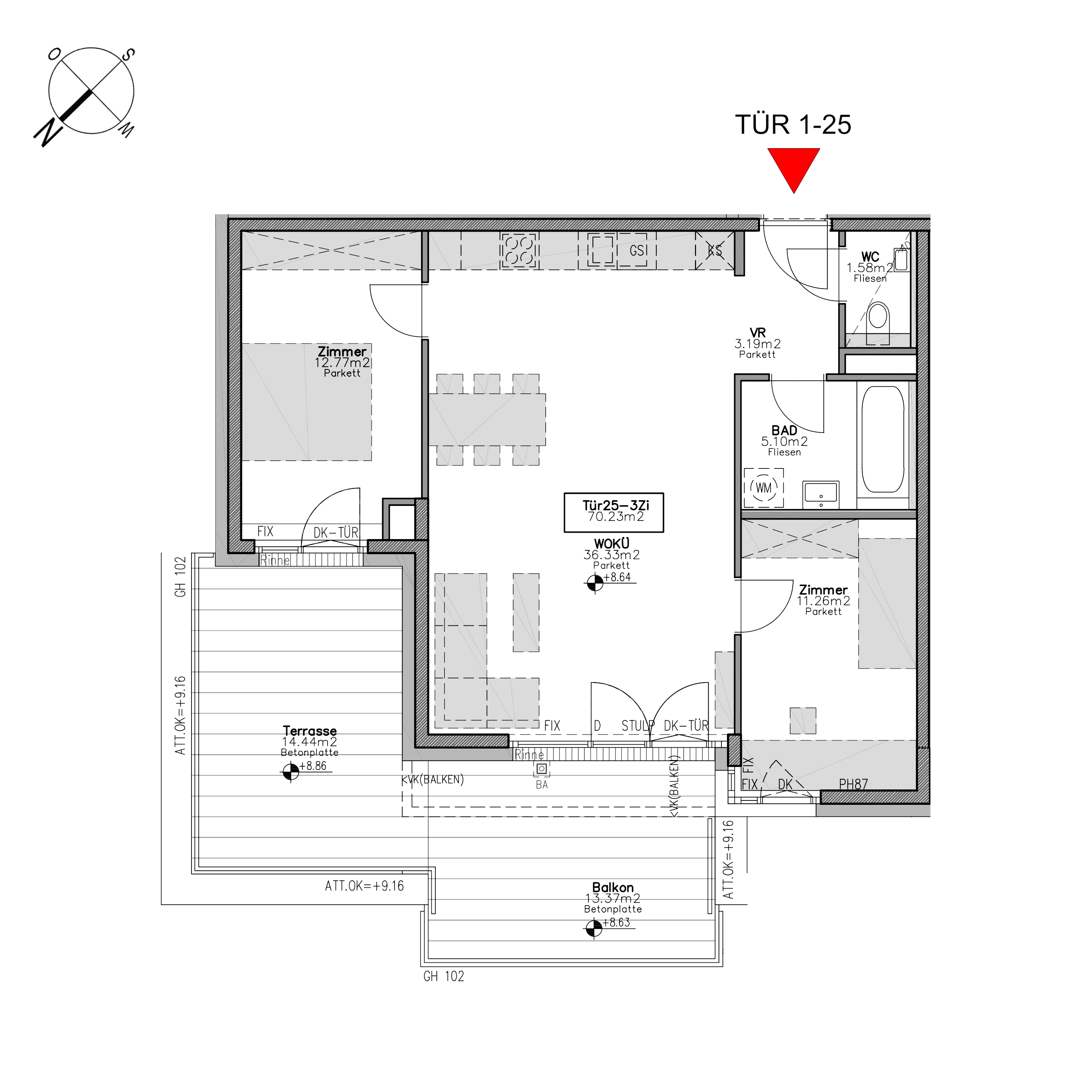 Grundriss TOP 1.25 — Beverly Hietzing — 3 Zimmer — 70,4 m² — 2nd floor