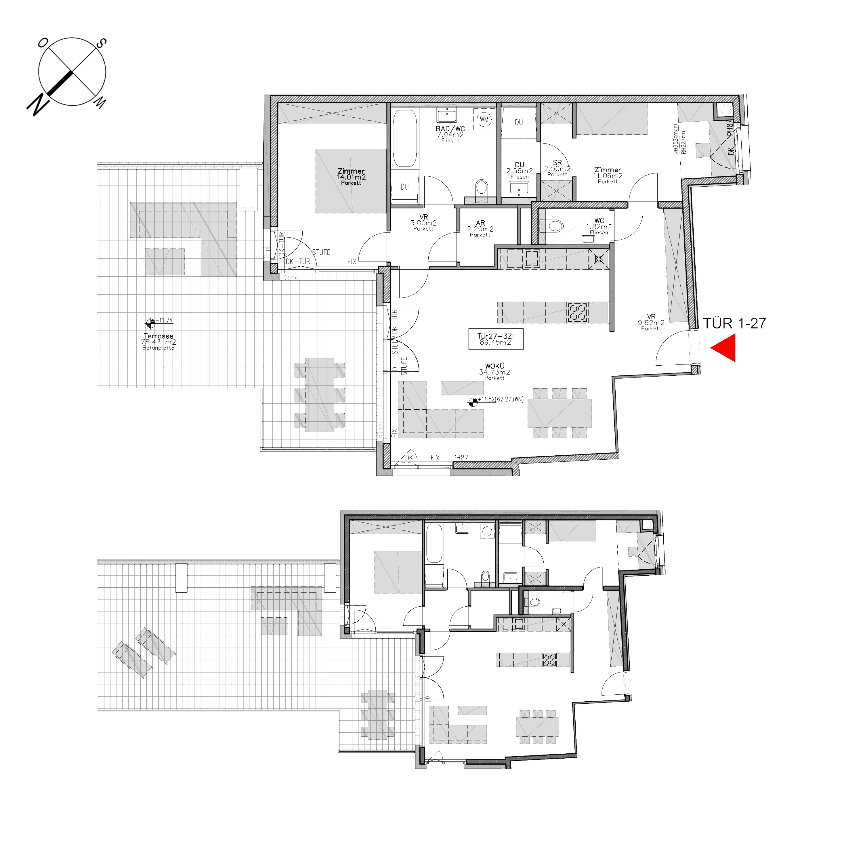 Grundriss TOP 1.27 — Beverly Hietzing — 3 Zimmer — 89 m² — Attic floor