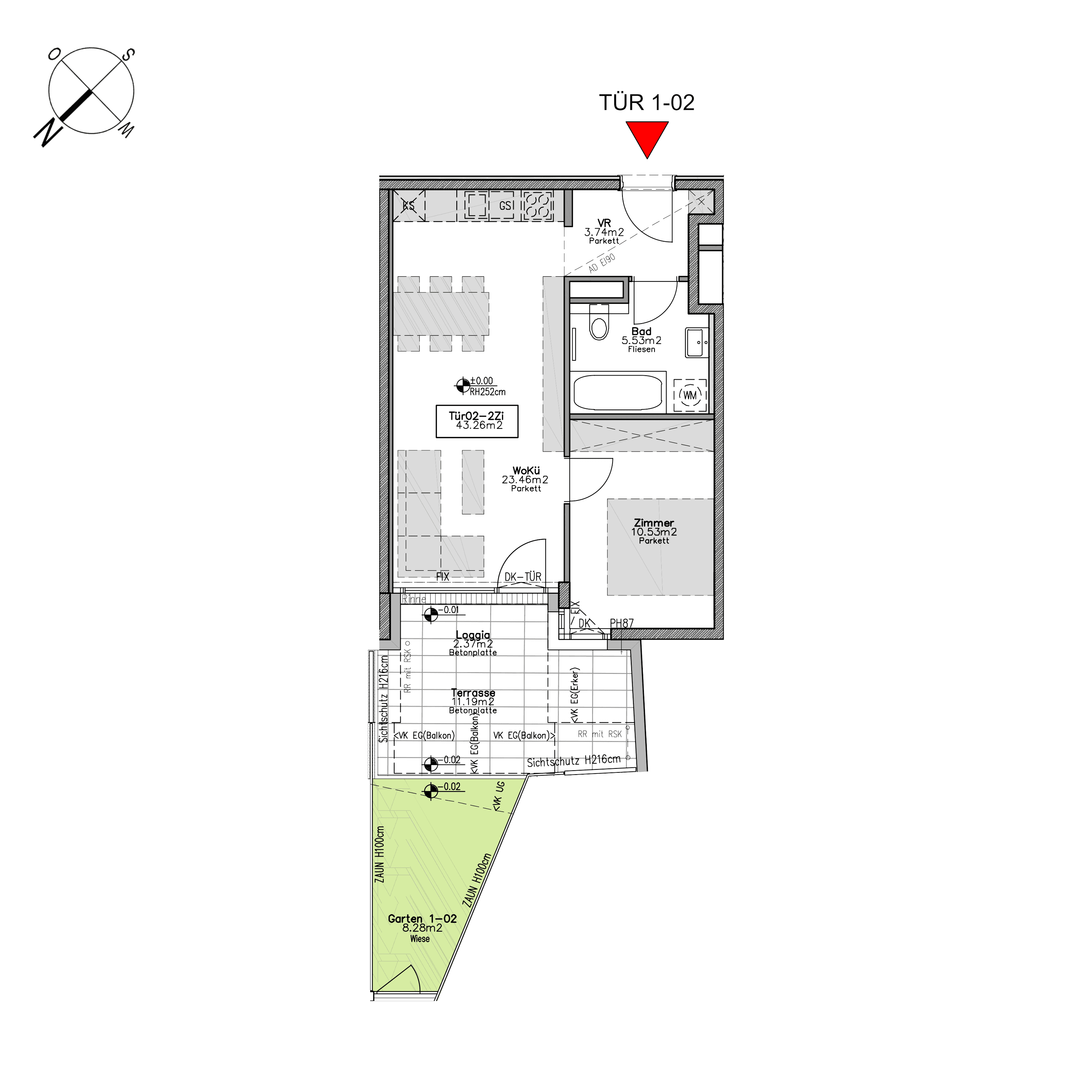 Grundriss TOP 1.2 — Beverly Hietzing — 2 Zimmer — 45,6 m² — Ground floor