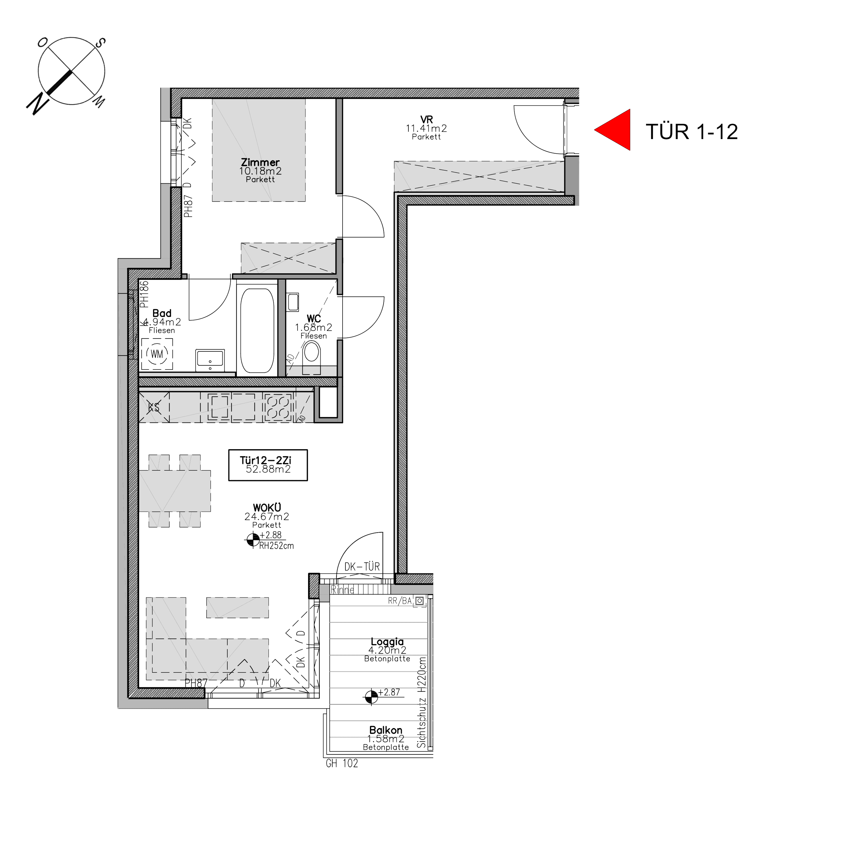 Grundriss TOP 1.12 — Beverly Hietzing — 2 Zimmer — 57,1 m² — Ground floor