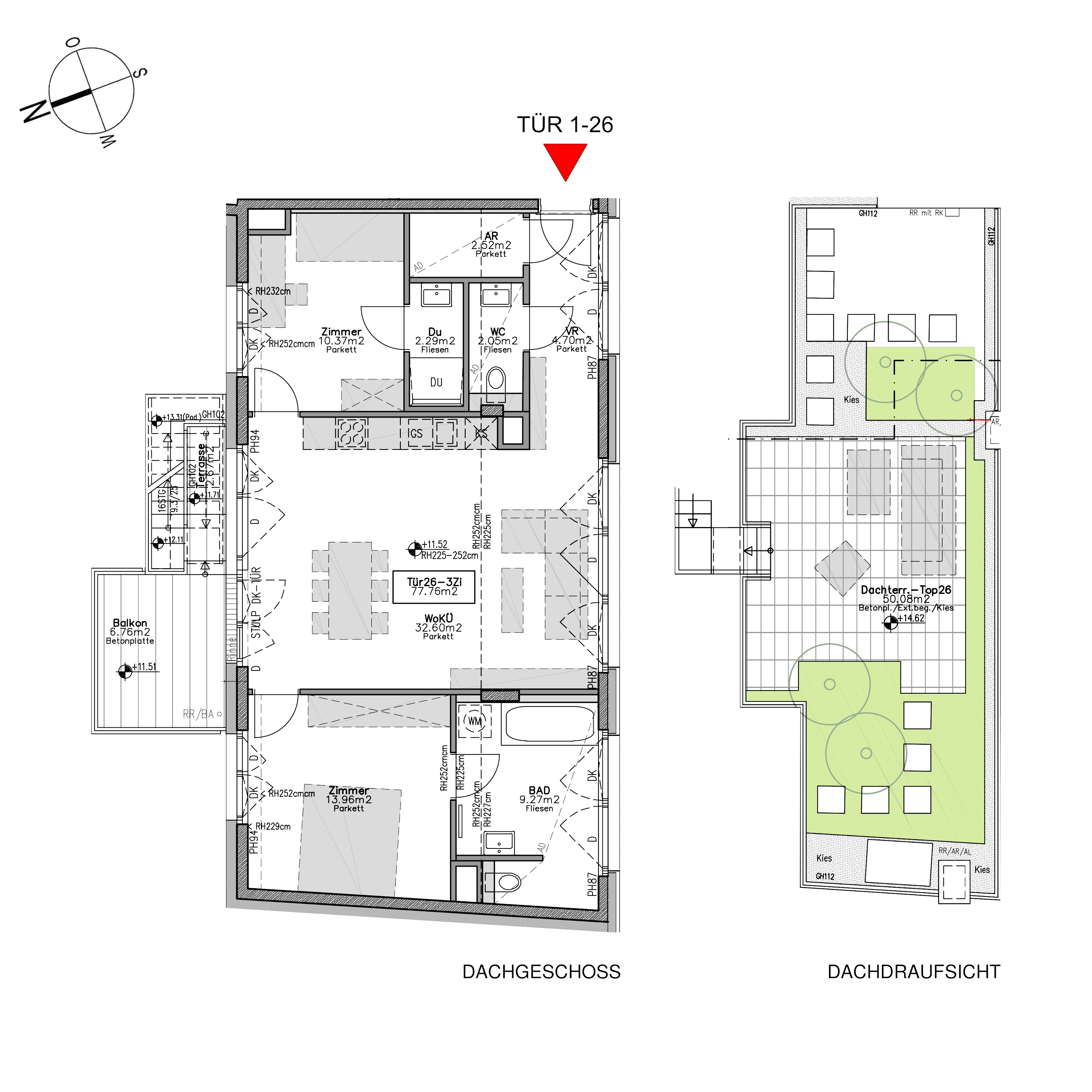 Grundriss TOP 1.26 — Beverly Hietzing — 3 Zimmer — 77,8 m² — Attic floor