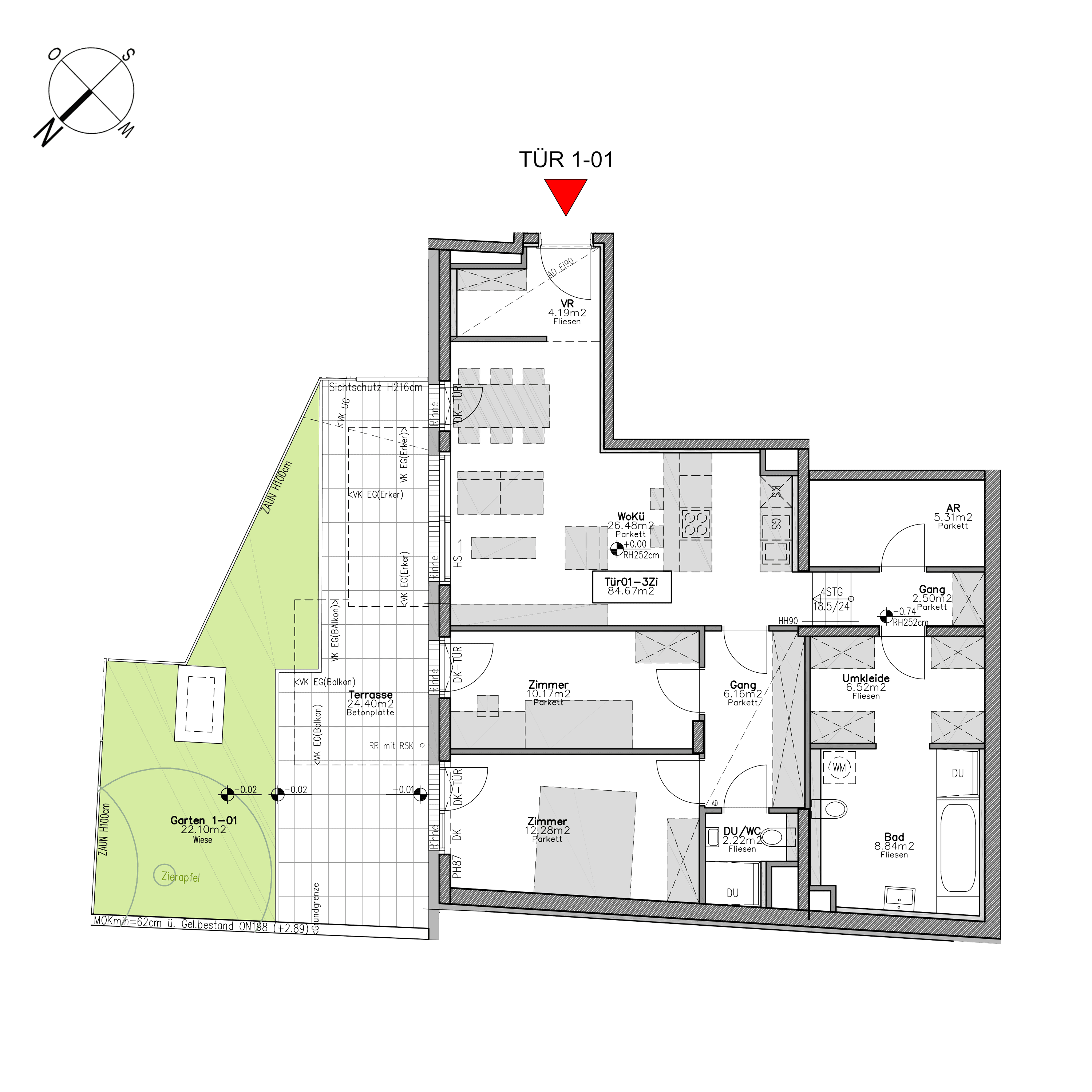 Grundriss TOP 1.1 — Beverly Hietzing — 3 Zimmer — 86,3 m² — Ground floor