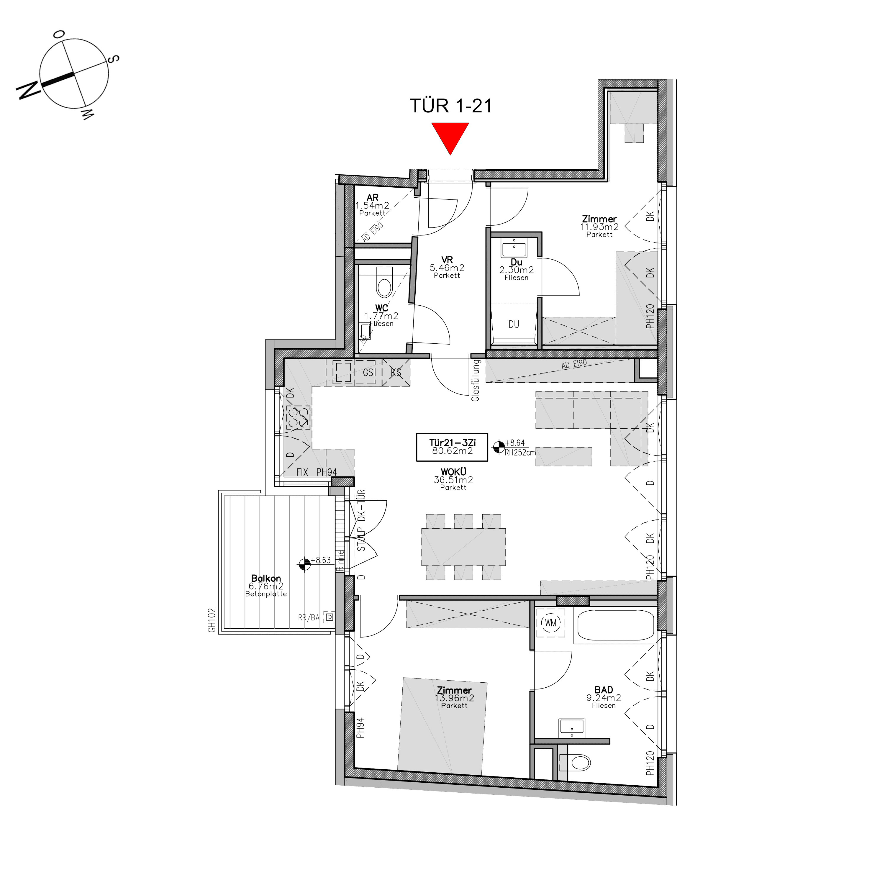 Grundriss TOP 1.21 — Beverly Hietzing — 3 Zimmer — 80,7 m² — 2nd floor