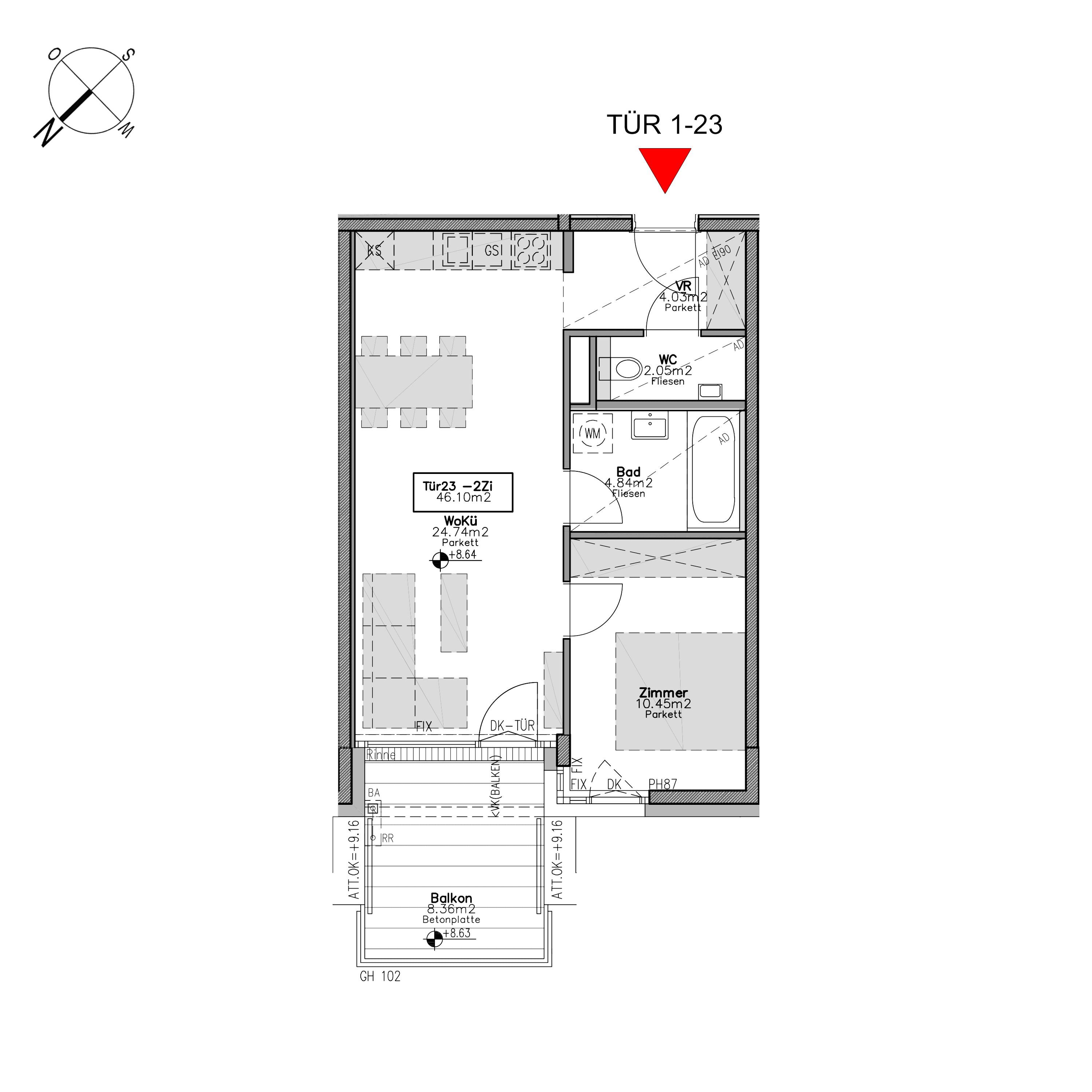 Grundriss TOP 1.23 — Beverly Hietzing — 2 Zimmer — 46,2 m² — 2nd floor