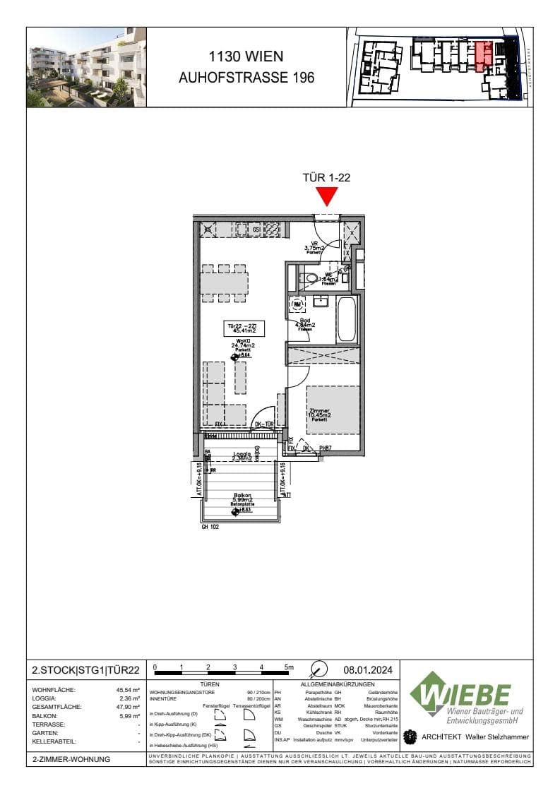Grundriss TOP 1.22 — Beverly Hietzing — 2 Zimmer — 47,9 m² — 2nd floor